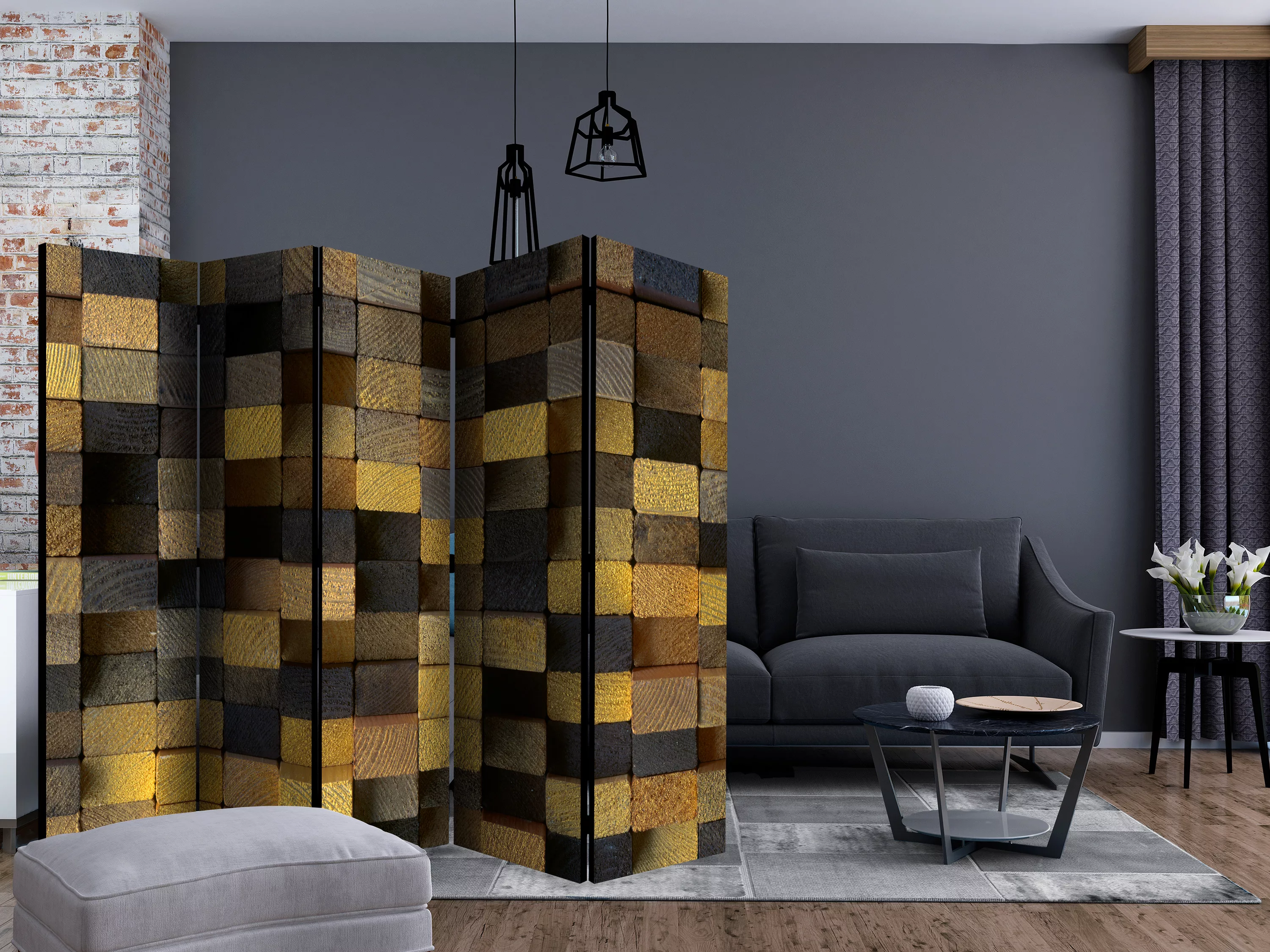 5-teiliges Paravent - Wooden Cubes Ii [room Dividers] günstig online kaufen