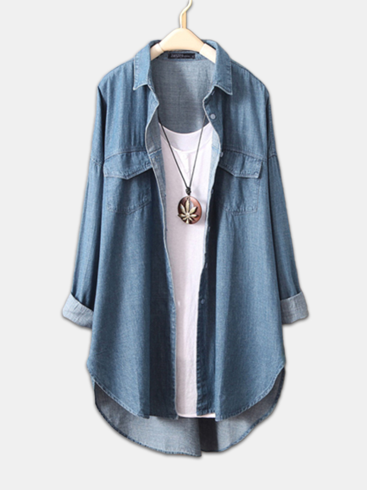Denim Asymmetrical Long Sleeve Plus Size Shirt für Damen günstig online kaufen