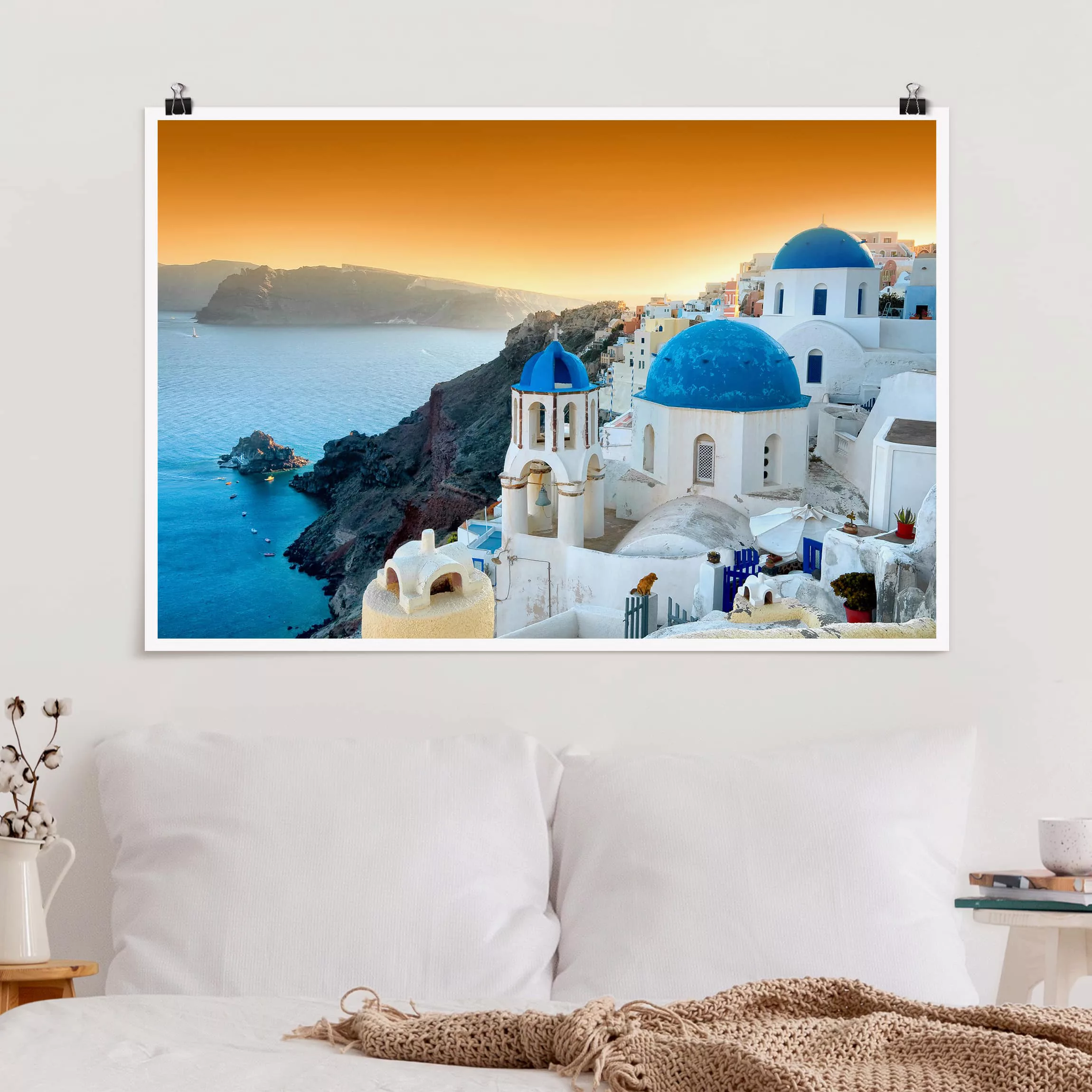 Poster Architektur & Skyline - Querformat Sonnenuntergang über Santorin günstig online kaufen