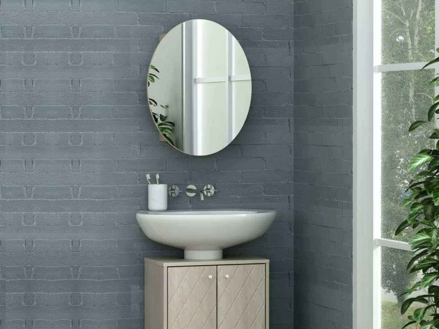 Badezimmer Hängeschrank oval mit Spiegel - Eichefarben - RURI günstig online kaufen