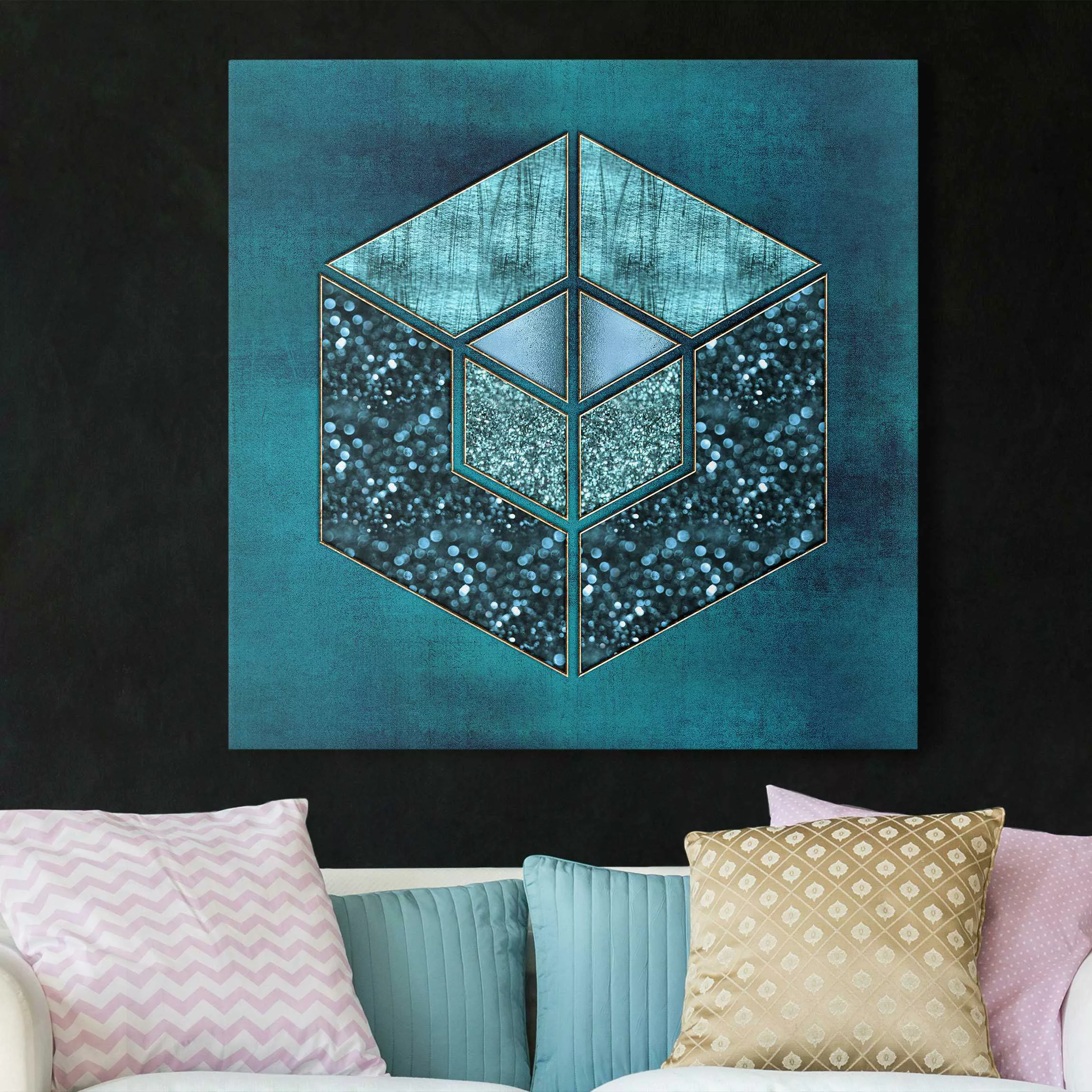 Leinwandbild Blaues Hexagon mit Goldkontur günstig online kaufen
