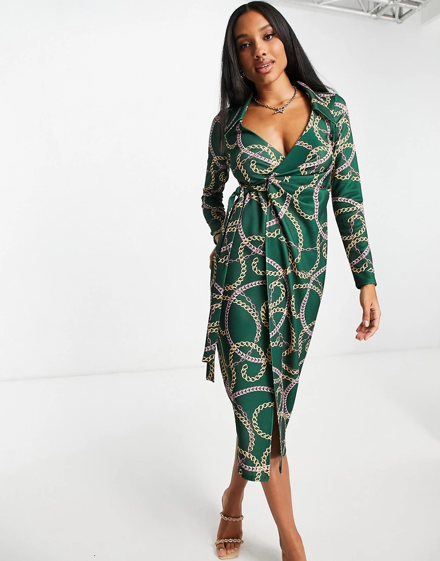 ASOS DESIGN – Midi-Blusenkleid mit Wickeloptik und Kettenprint-Grün günstig online kaufen