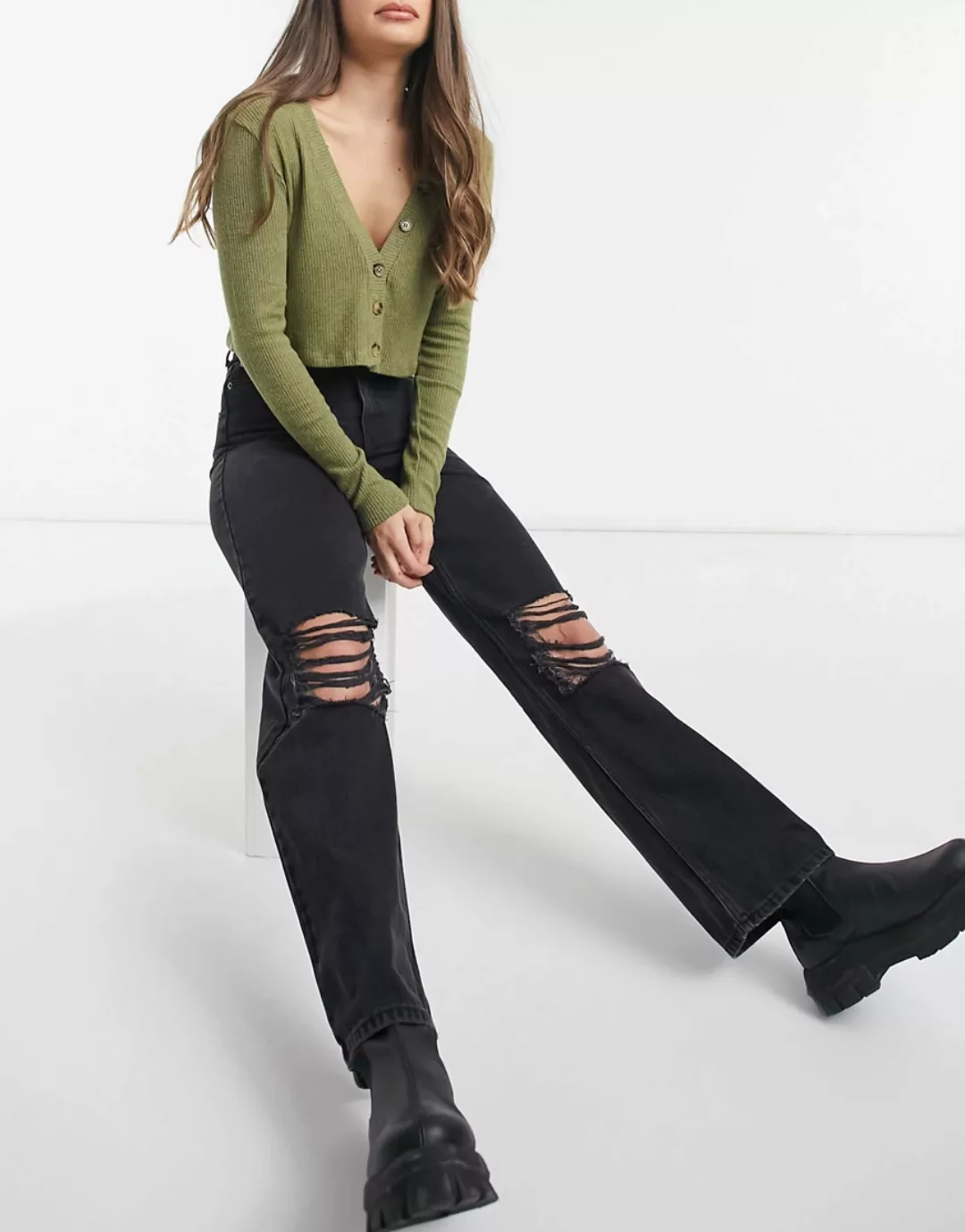 Dr Denim – Echo – Jeans in Schwarz mit geradem Bein und Knierissen günstig online kaufen