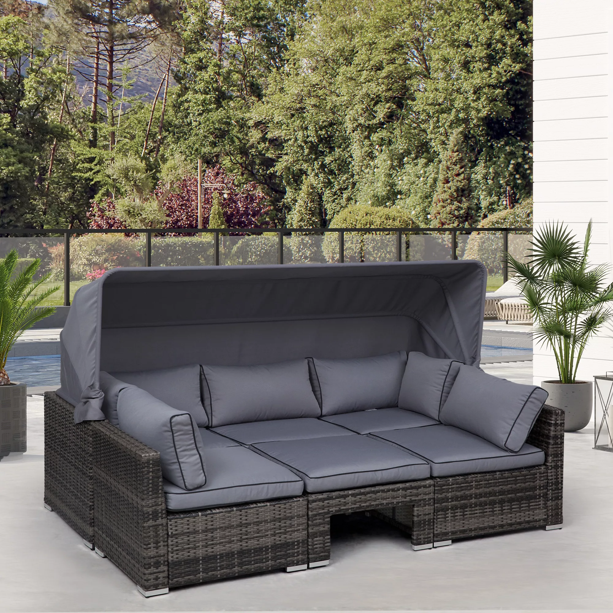 Outsunny Rattan Lounge Set, Sitzgruppe mit Sonnendach, Garten Loungegruppe, günstig online kaufen