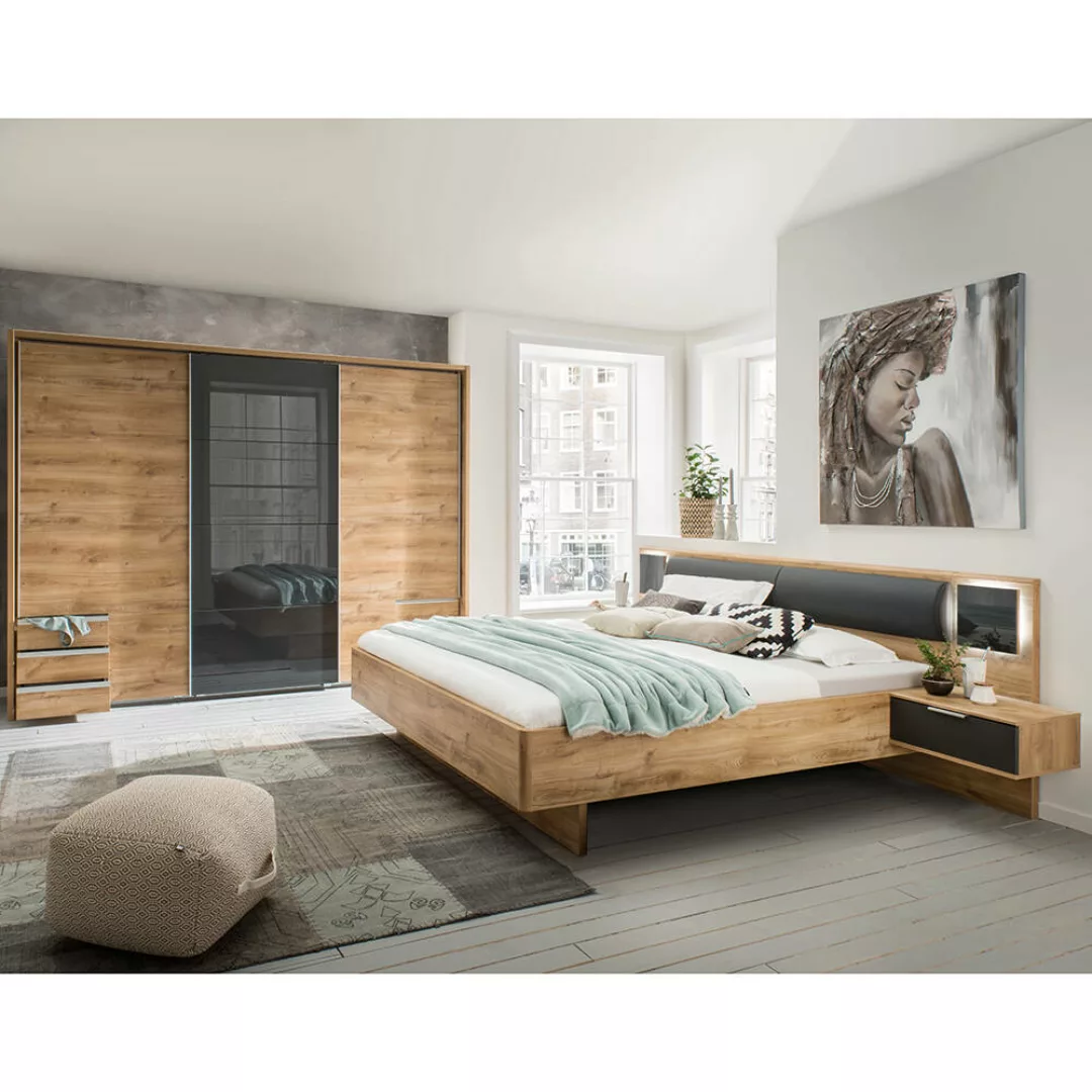 Schlafzimmer Set 2-teilig VIESTE-43 mit Bett 160x200 in graphit mit Eiche günstig online kaufen