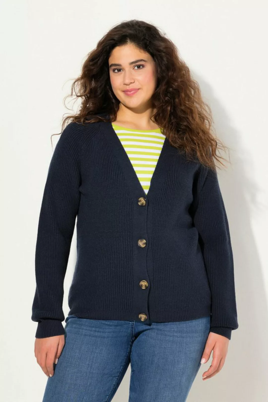 Ulla Popken Cardigan Strickjacke Rippstrick V-Ausschnitt Langarm günstig online kaufen