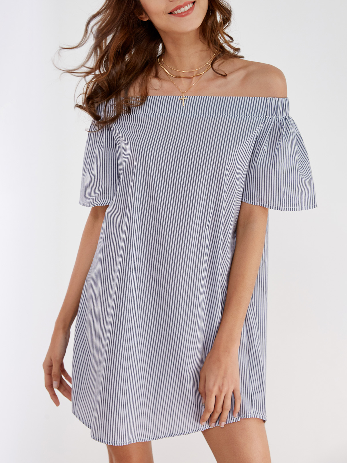 Nadelstreifen schulterfrei Mini Kleid günstig online kaufen