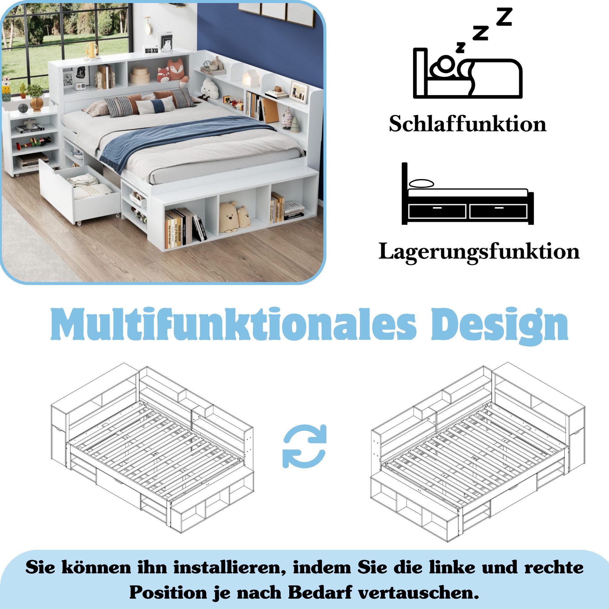 OKWISH Kinderbett kombiniert ein Bett,Schubladen,Bücherregale und günstig online kaufen