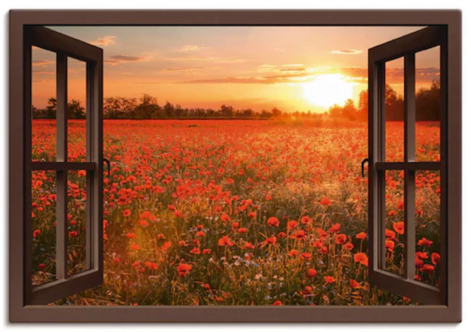 Artland Leinwandbild »Fensterblick Mohnblumenfeld - braun«, Blumen, (1 St.) günstig online kaufen