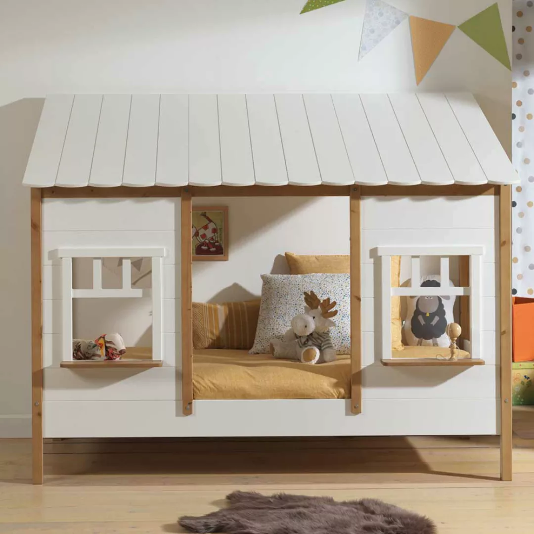 Kinderzimmer Hausbett mit Fenstern Weiß & Eichefarben günstig online kaufen