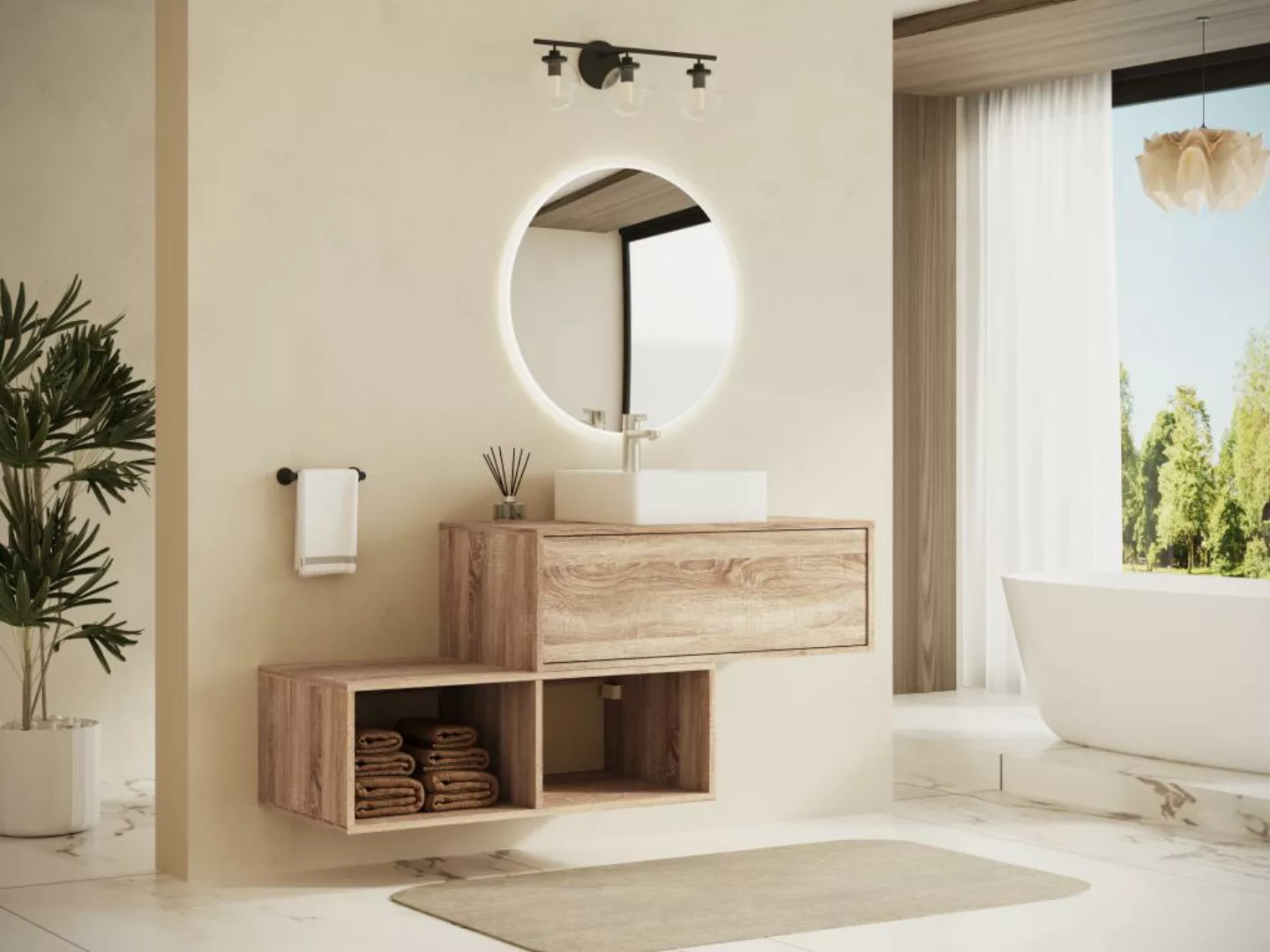 Waschbeckenunterschrank hängend mit 2 Ablagefächern - Holzfarben hell - 94 günstig online kaufen