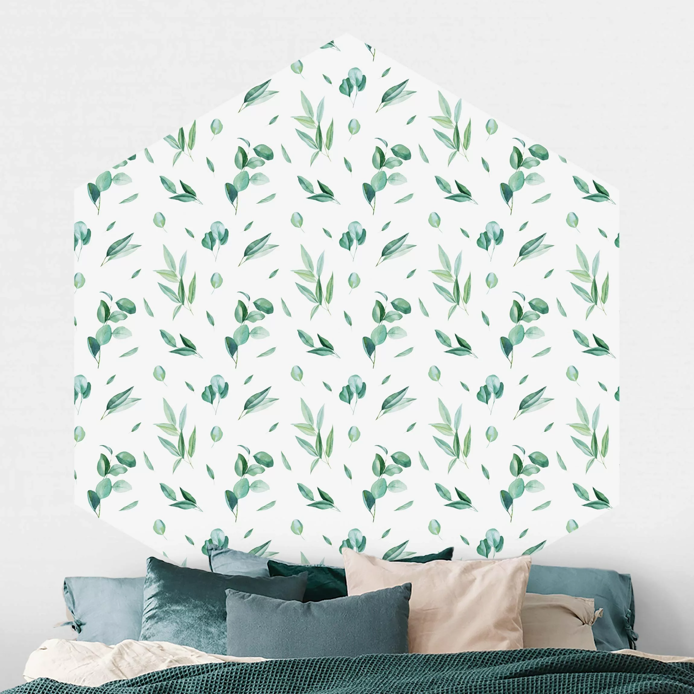 Hexagon Mustertapete selbstklebend Aquarell Muster Blätter und Eukalyptus günstig online kaufen