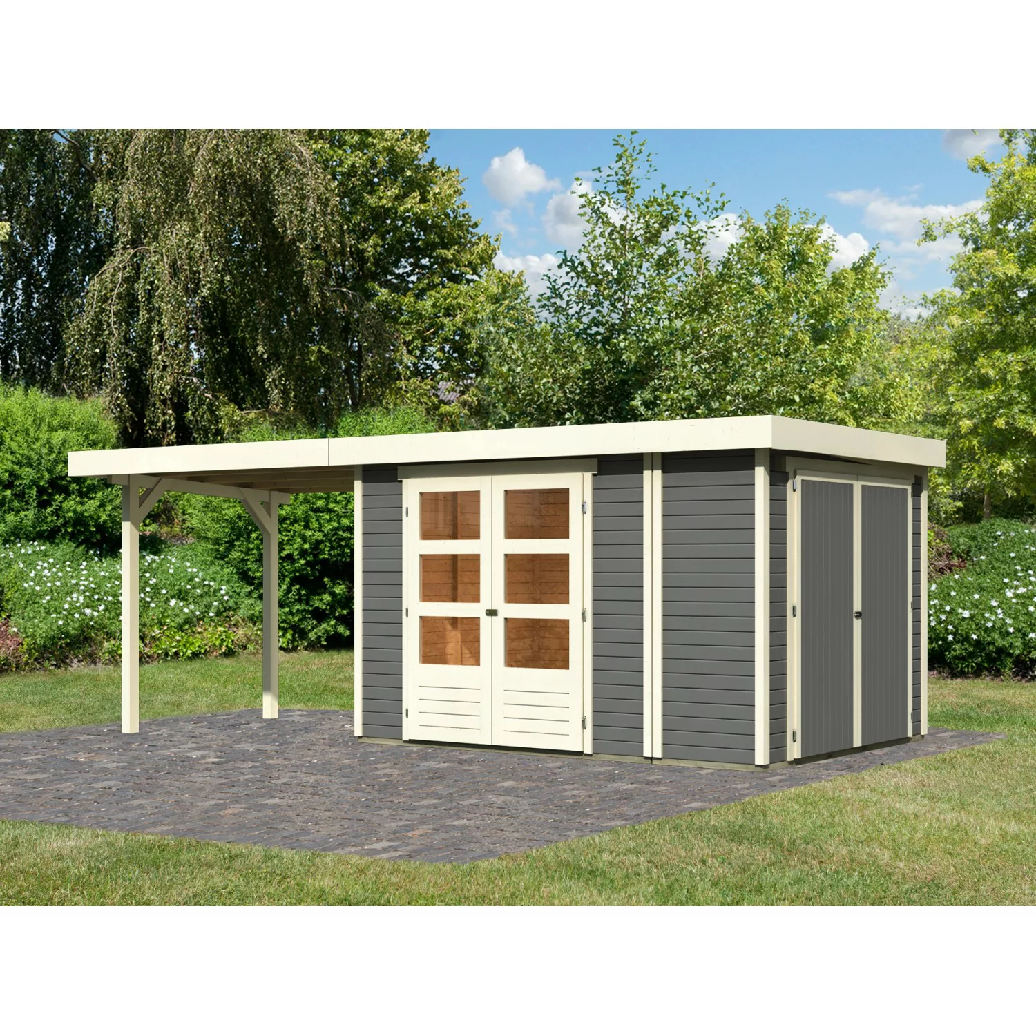Karibu Gartenhaus Set Retola 4 Terragrau mit Anbaudach 280 cm Breit 5,76 m² günstig online kaufen