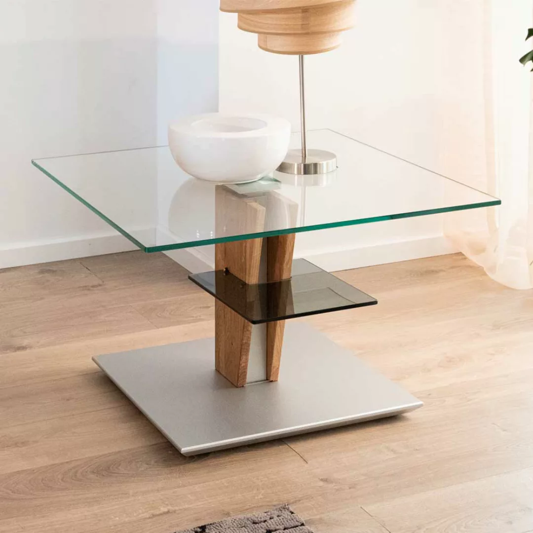 Lift Sofa Tisch aus Sicherheitsglas Wildeiche Massivholz günstig online kaufen
