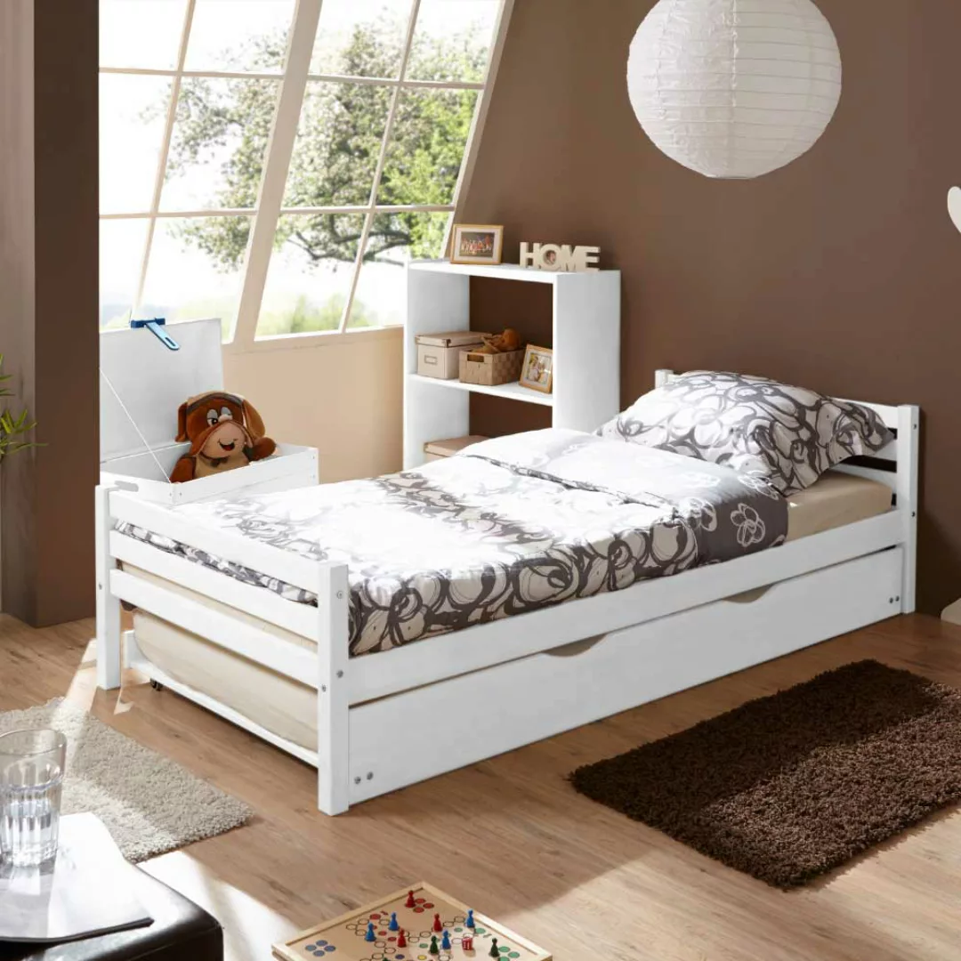 Massivholz Einzelbett in Weiß Bettkasten günstig online kaufen