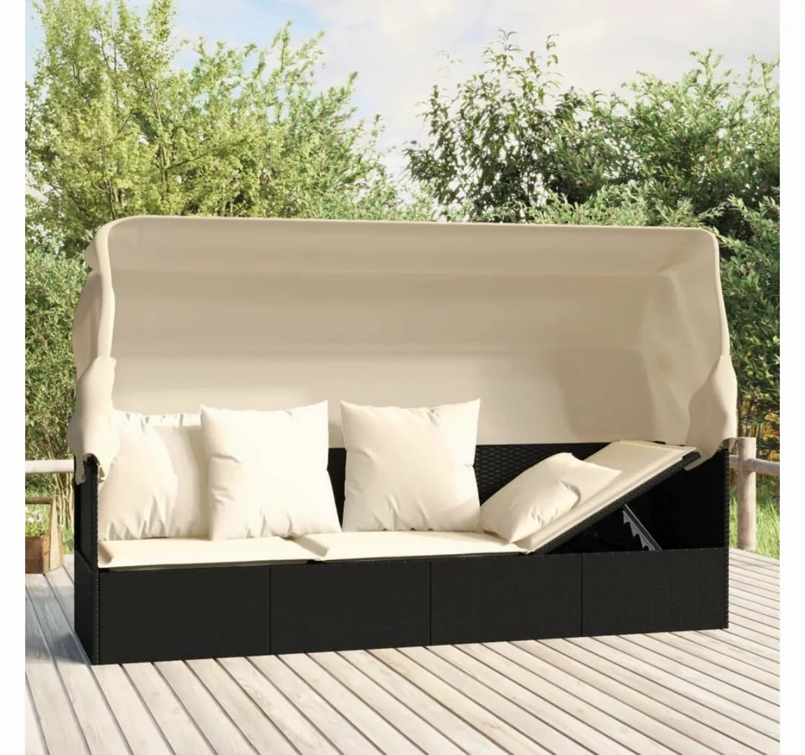 furnicato Bett Outdoor-Loungebett mit Dach und Kissen Schwarz Poly Rattan günstig online kaufen