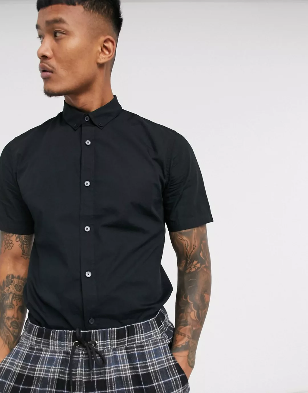 Only & Sons – Kurzärmliges Baumwollhemd in Schwarz mit Stretch günstig online kaufen