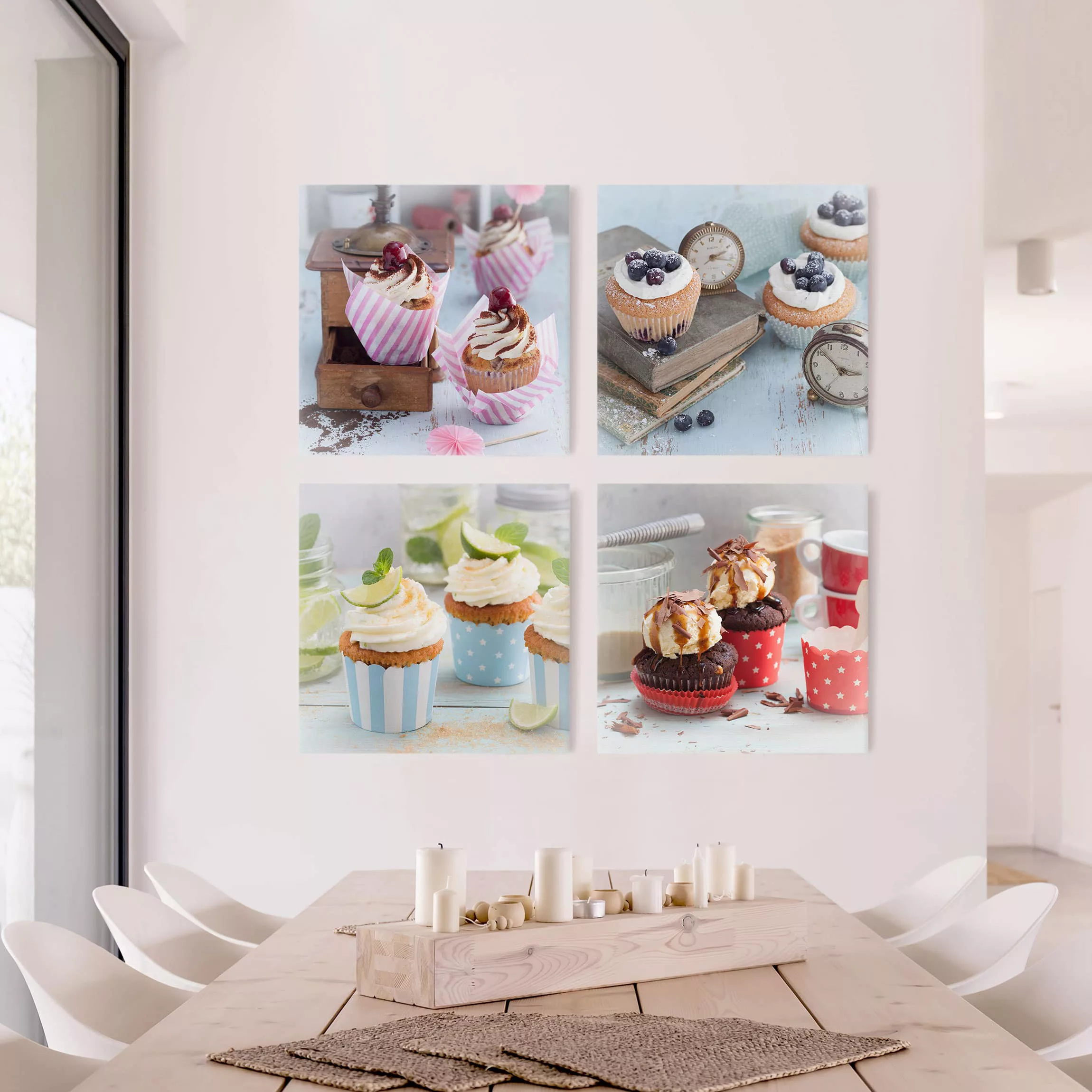 4-teiliges Leinwandbild Küche - Quadrat Vintage Cupcakes mit Topping günstig online kaufen