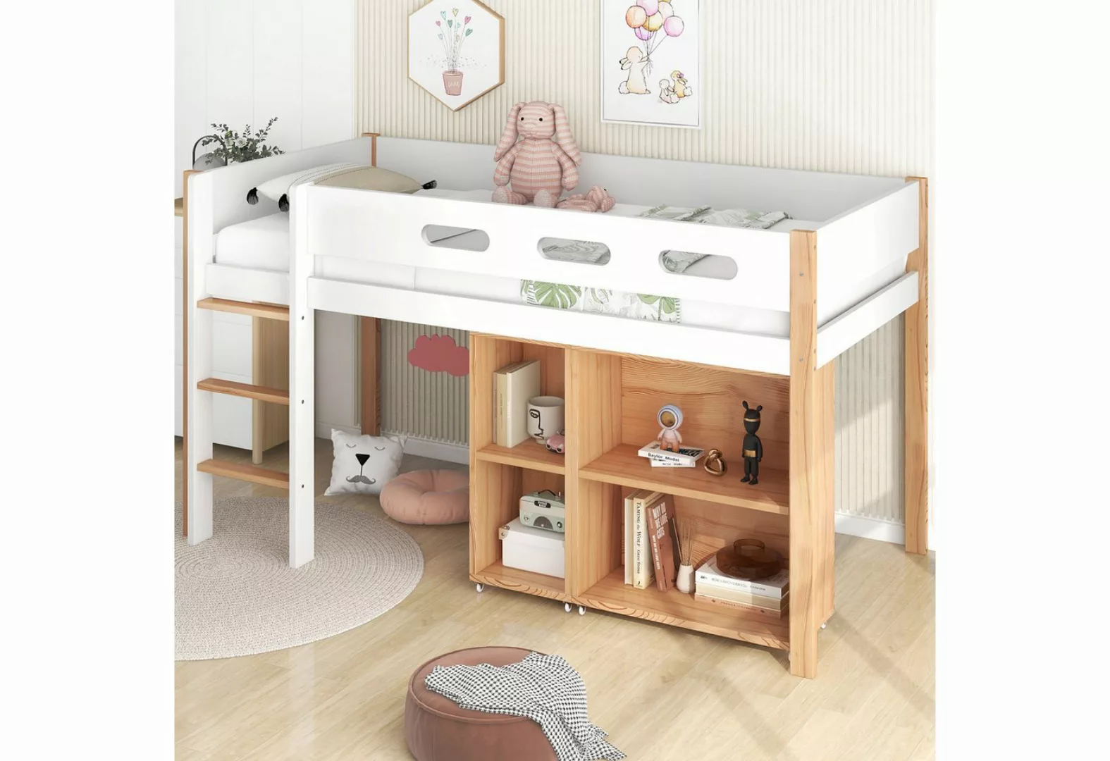 Ulife Hochbett Kinderbett mit Stauraum und beweglichem Schrank,90x200 cm (3 günstig online kaufen