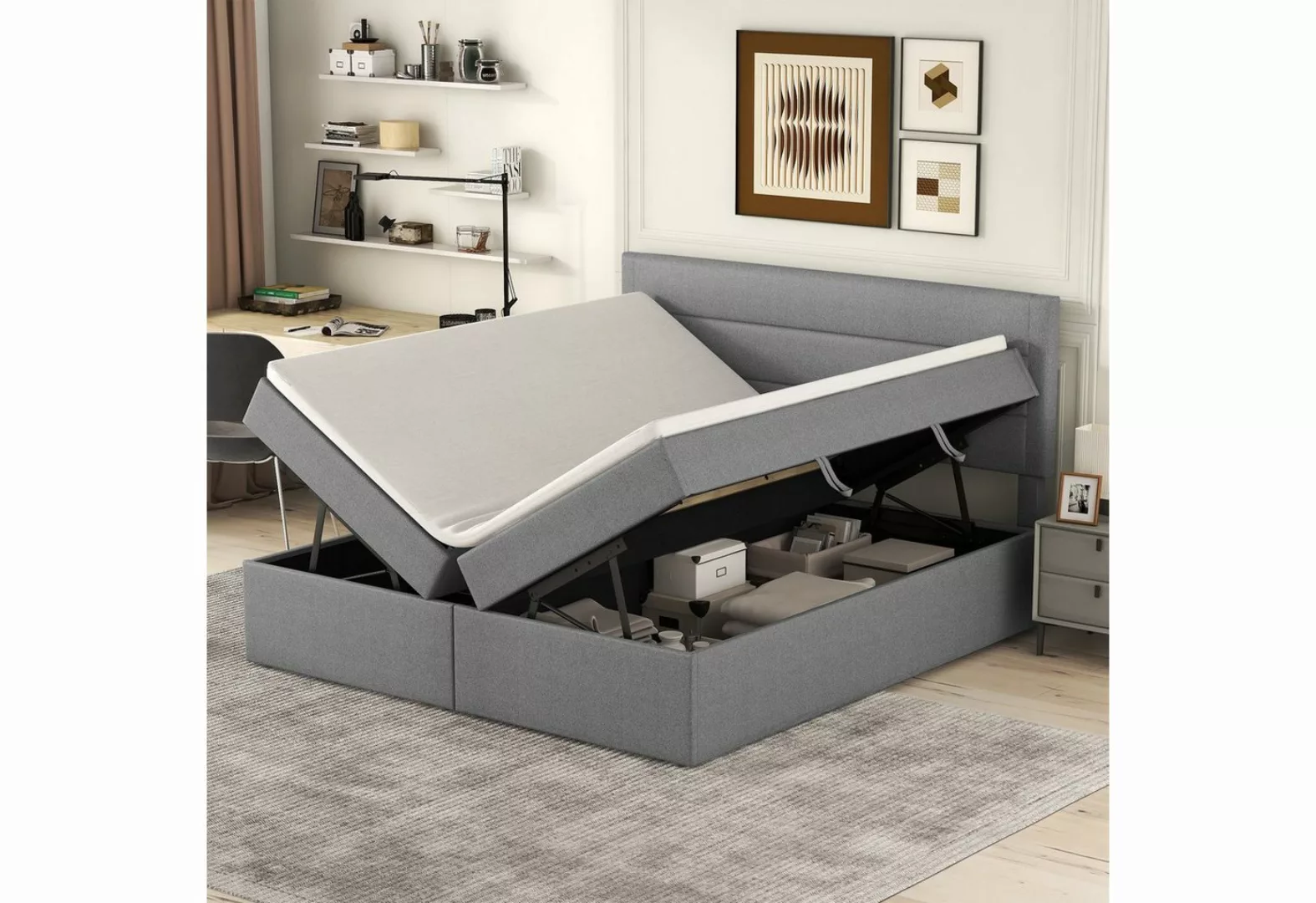 SOFTWEARY Polsterbett (Doppelbett mit Kopfteil, Lattenrost und Bettkasten, günstig online kaufen
