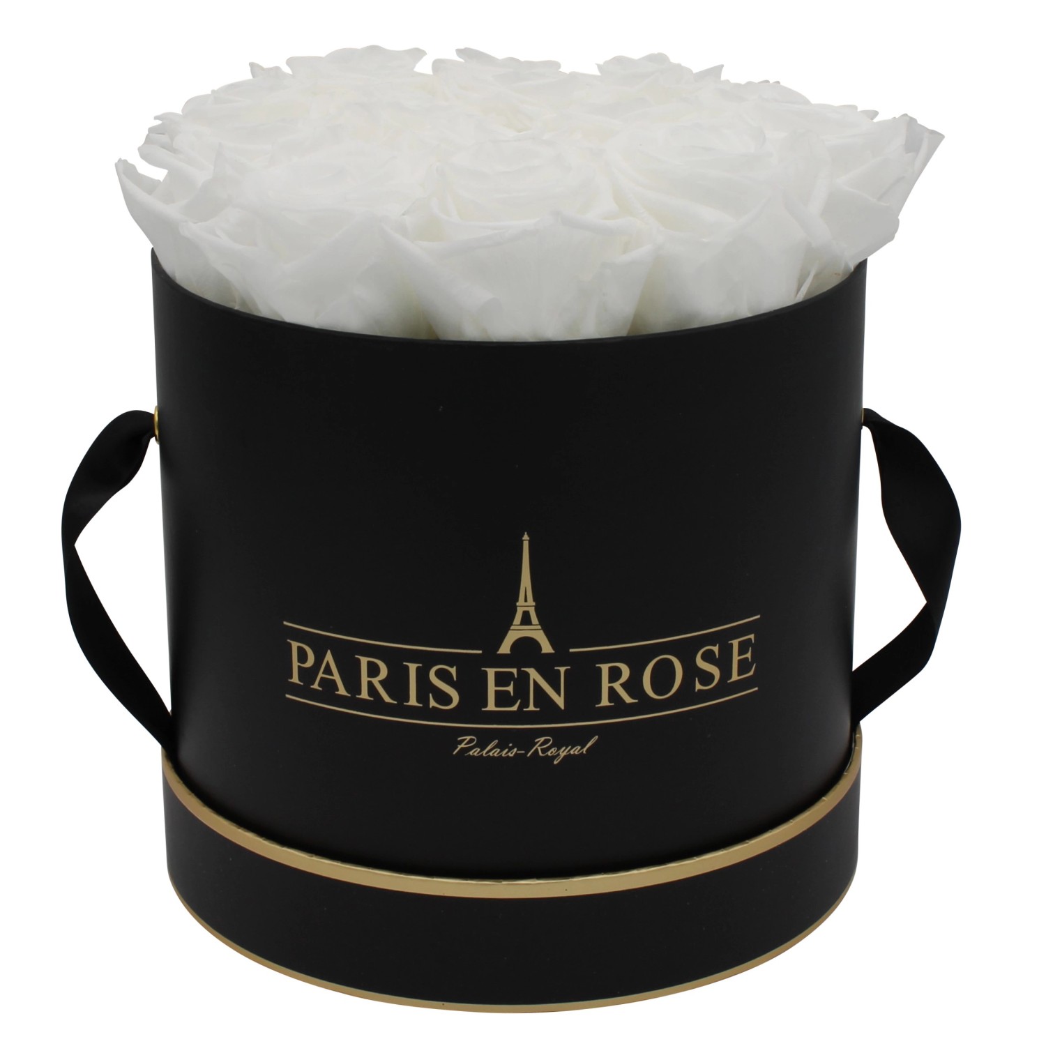 Rosenbox Ø 19 cm Schwarz- Gold mit 14 Weiße Rosen günstig online kaufen