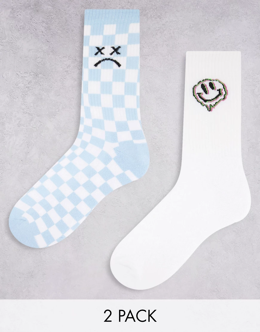 ASOS DESIGN – Sportsocken mit Schachbrettmuster und Smiley-Motiv im 2er-Pac günstig online kaufen