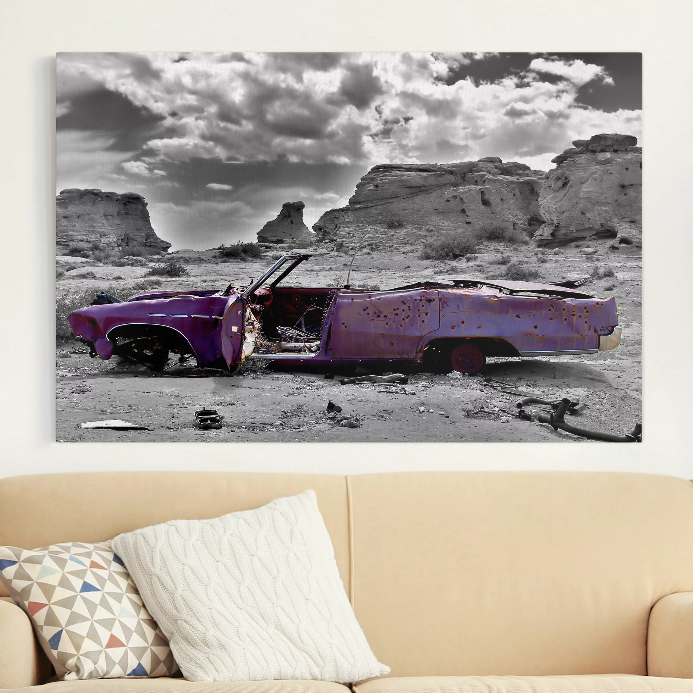 Leinwandbild Schwarz-Weiß - Querformat Pink Cadillac günstig online kaufen