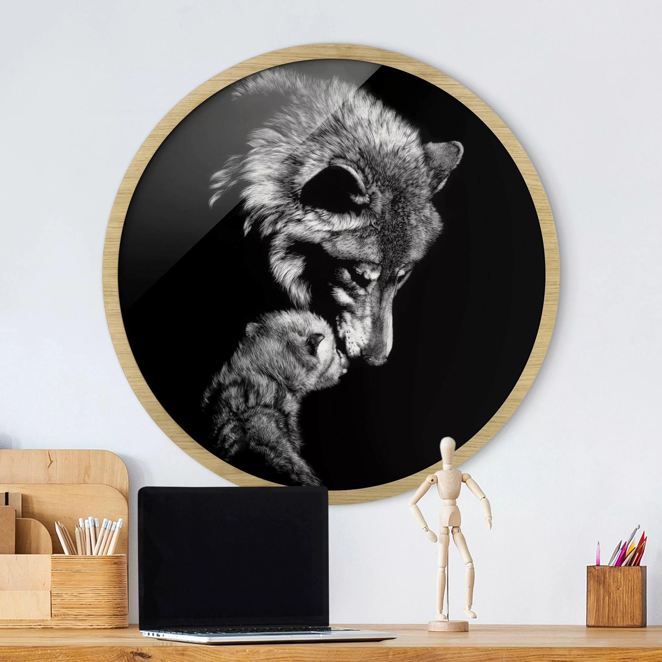 Rundes Gerahmtes Bild Wolf vor Schwarz günstig online kaufen