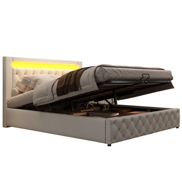 Ulife Polsterbett Doppelbett mit Bettkasten & LED-Beleuchtung, 140 x 200 cm günstig online kaufen