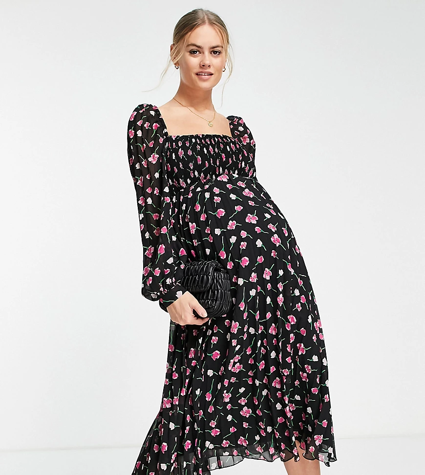 ASOS DESIGN Maternity – Plissiertes Midikleid mit eckigem Ausschnitt und Bl günstig online kaufen