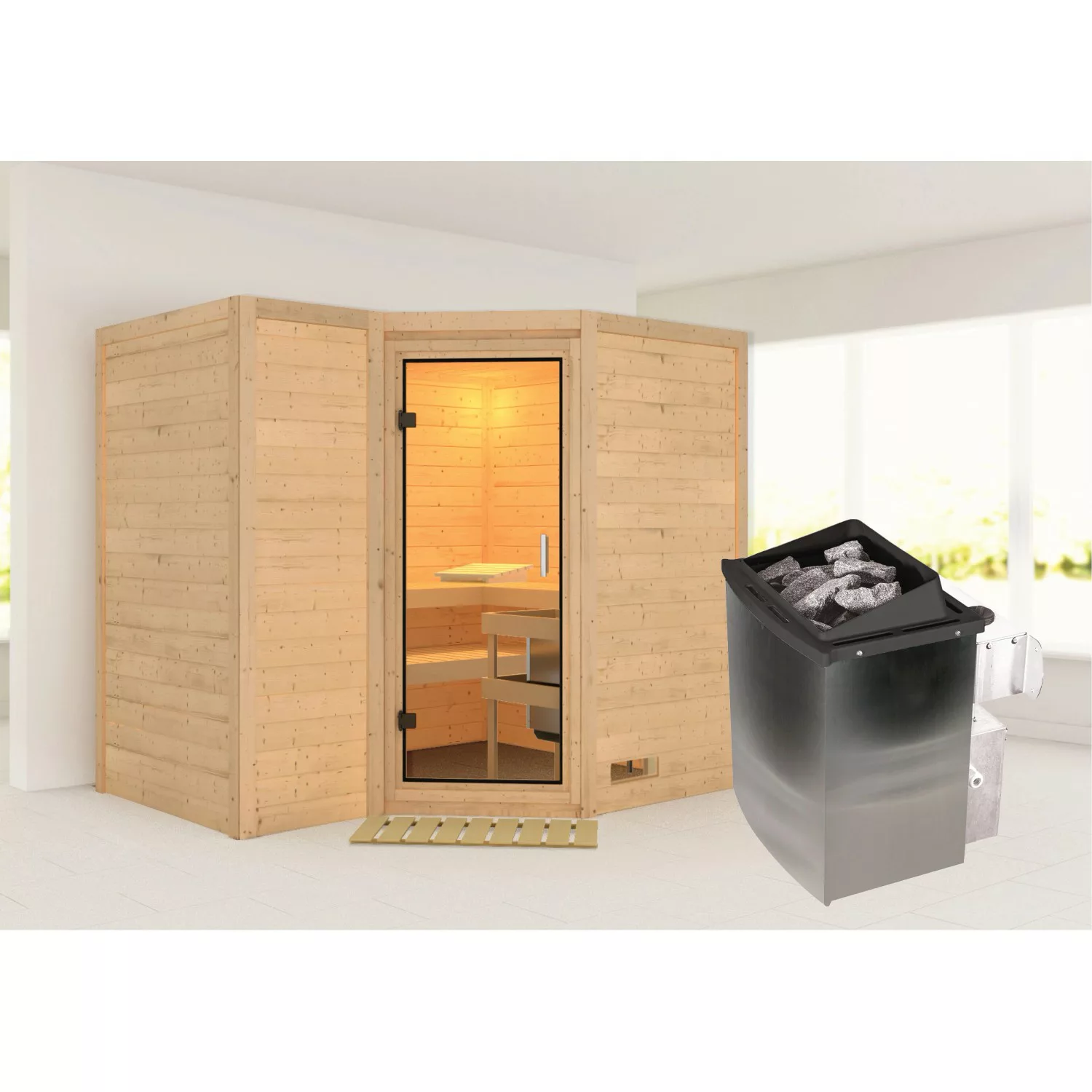 Karibu Sauna Steena 2 mit Ofen integrierte Stg.Natur günstig online kaufen
