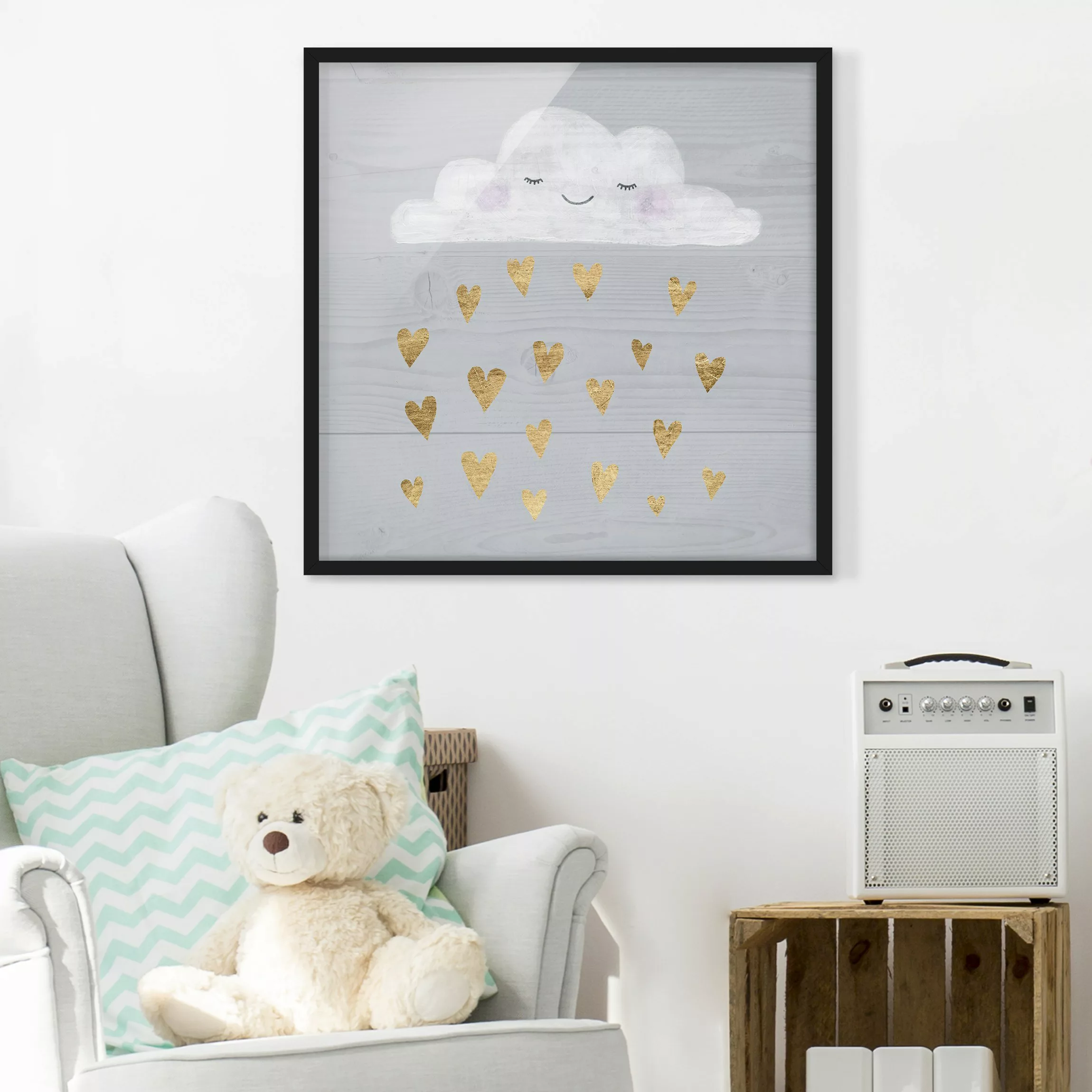 Bild mit Rahmen Kinderzimmer - Quadrat Wolke mit goldenen Herzen günstig online kaufen