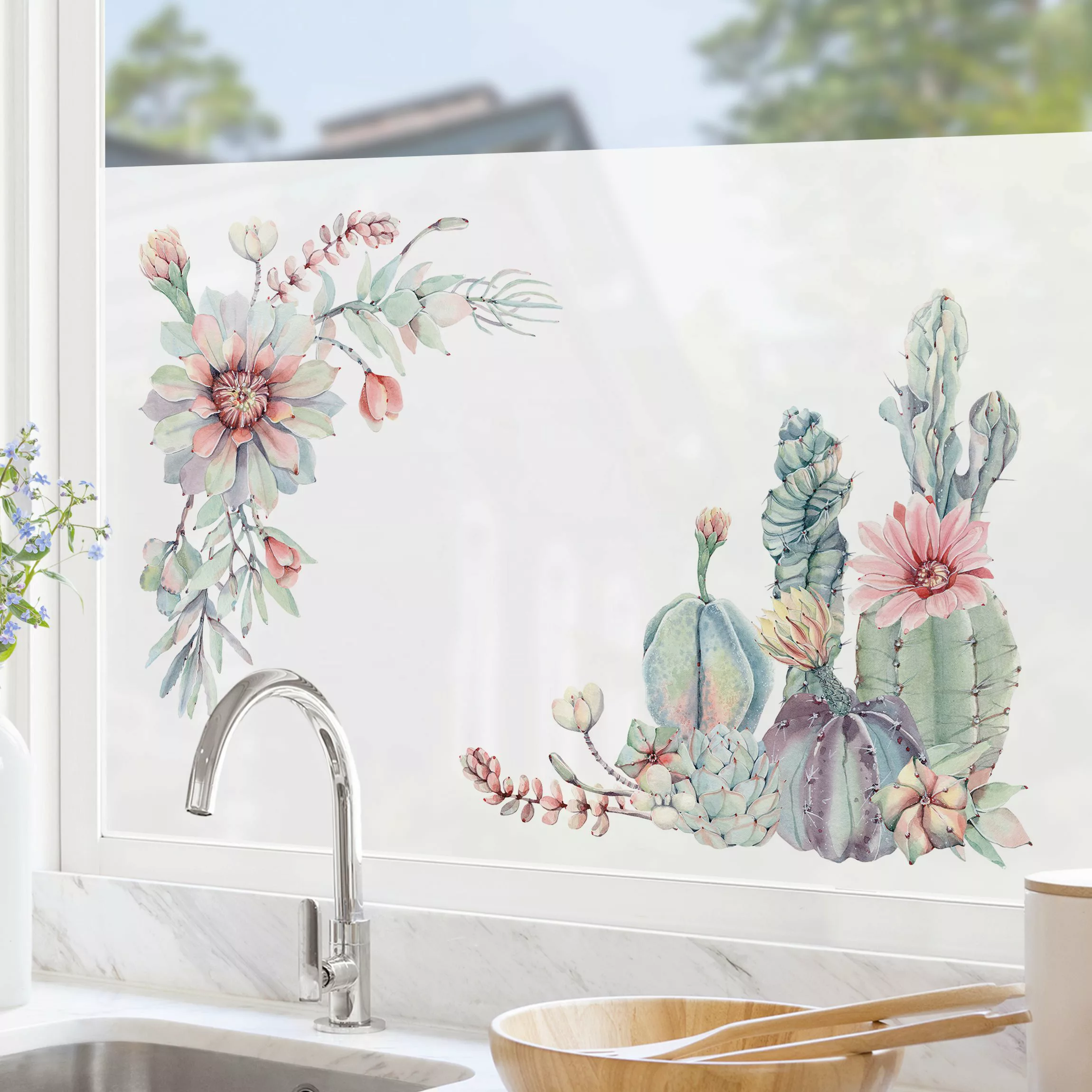 Fensterfolie Aquarell Kaktus Blüte Ornament günstig online kaufen