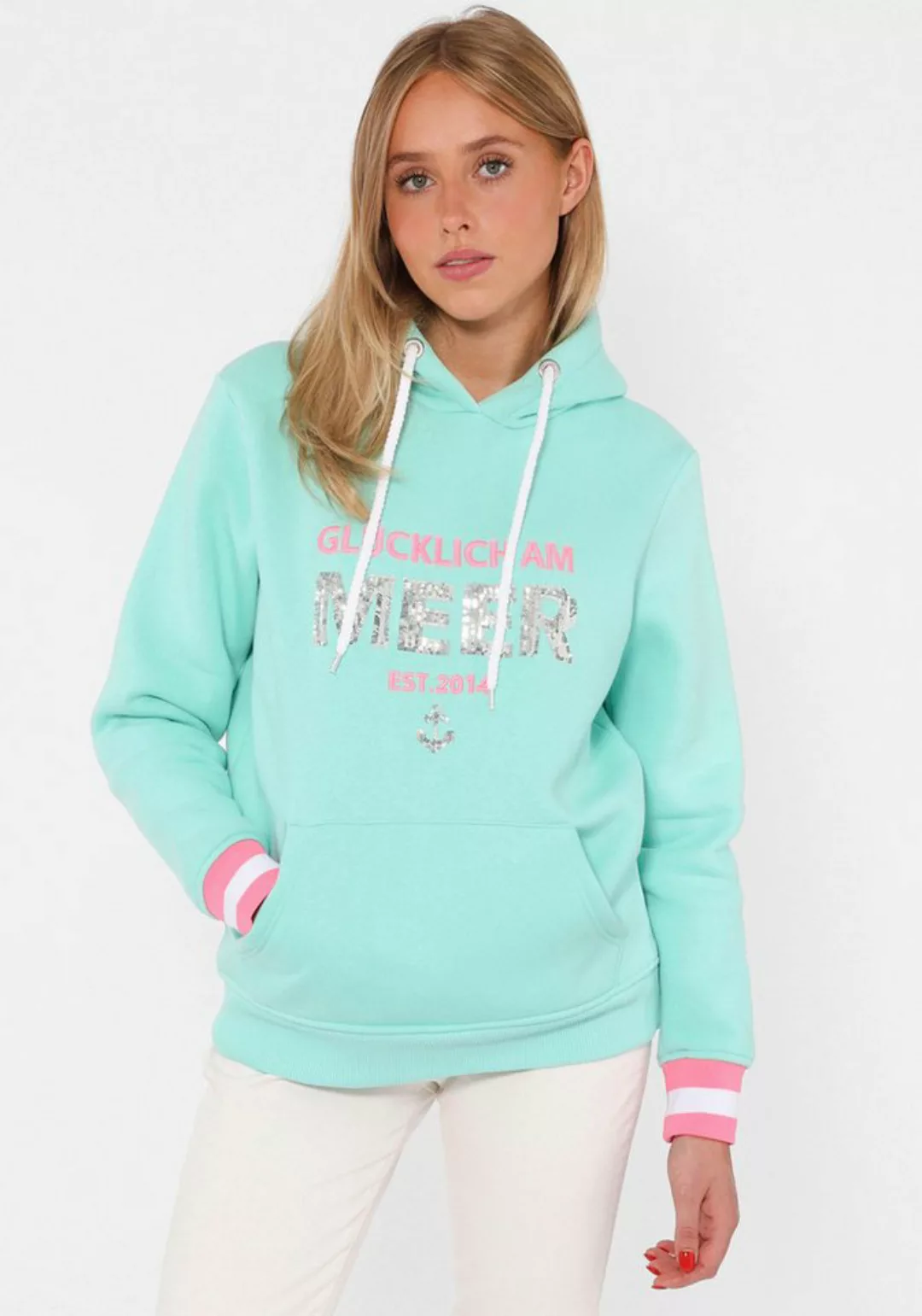 Zwillingsherz Hoodie "Glücklich am Meer" mit Pailletten, Kapuze und kontras günstig online kaufen