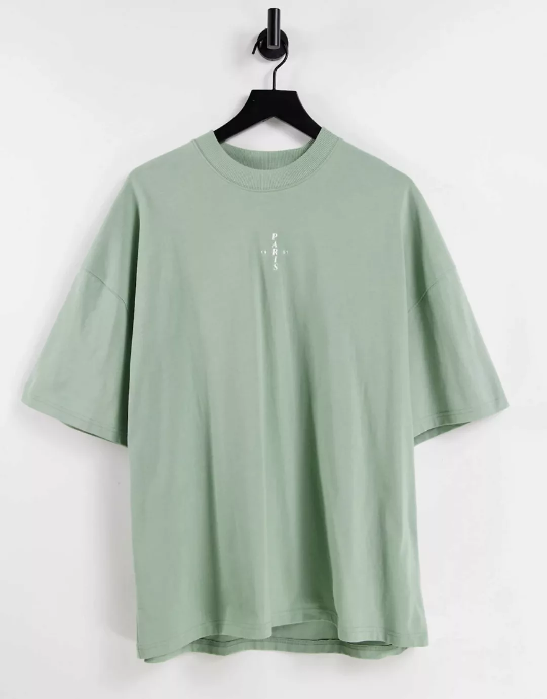 Topman – Oversized T-Shirt in Grün mit Stehkragen und Paris-Aufnäher aus Gu günstig online kaufen