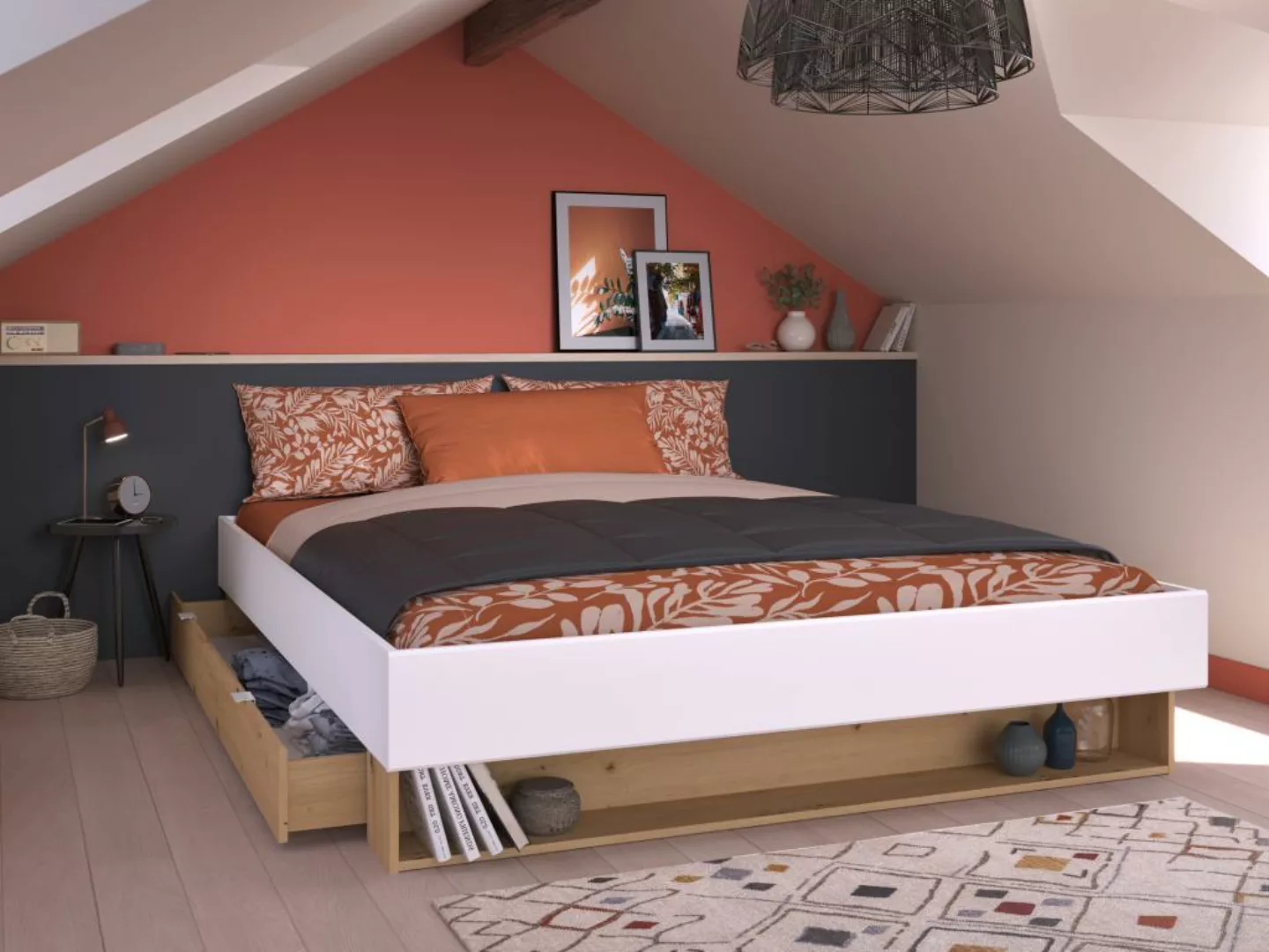 Bett mit 1 Schublade & 1 Ablage - 160 x 200 cm - Weiß & Holzfarben - MISTA günstig online kaufen