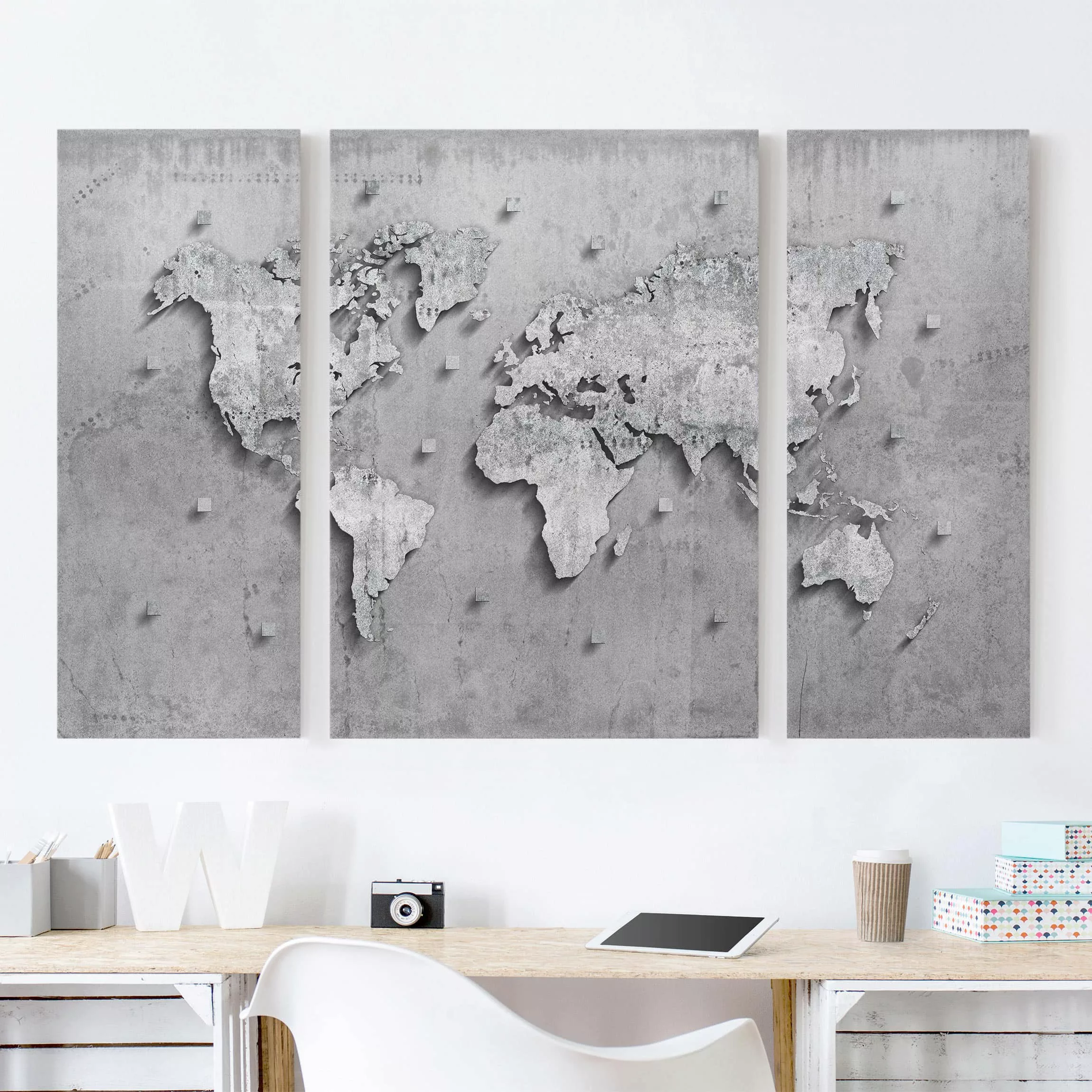 3-teiliges Leinwandbild Weltkarte - Querformat Beton Weltkarte günstig online kaufen