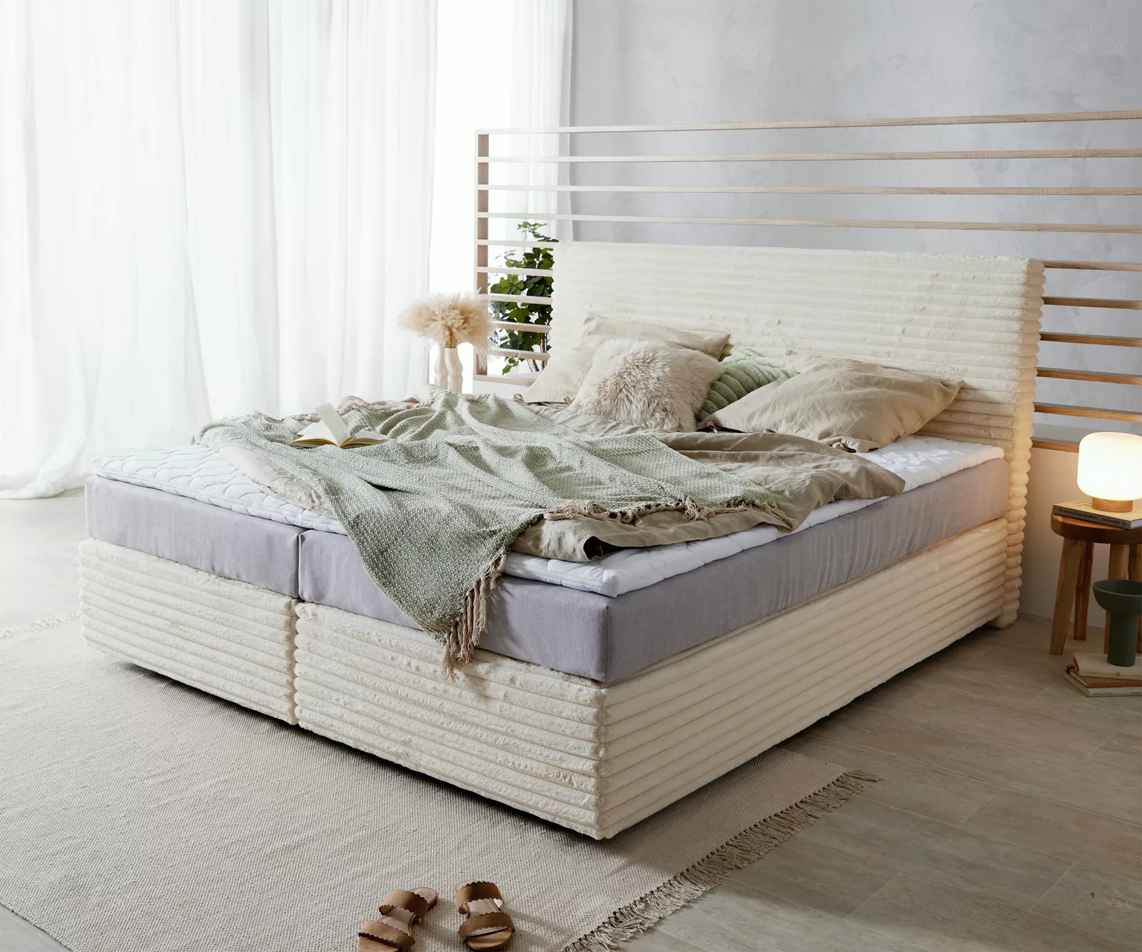 DELIFE Boxspringbett Dream-Well, Bouclé Creme-Weiß 180x200 cm mit Taschenfe günstig online kaufen