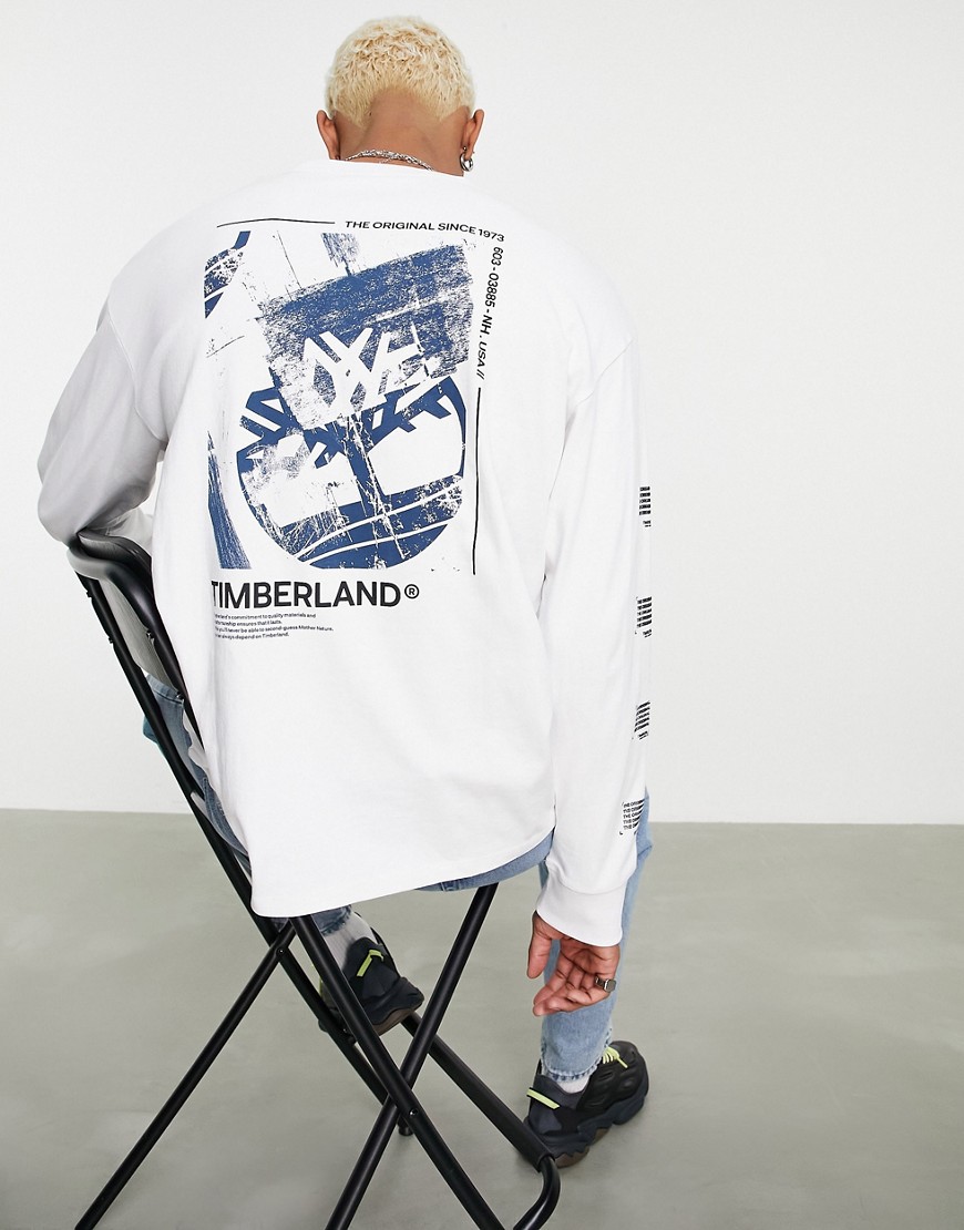 Timberland – Langärmliges T-Shirt in Weiß mit Grafik günstig online kaufen