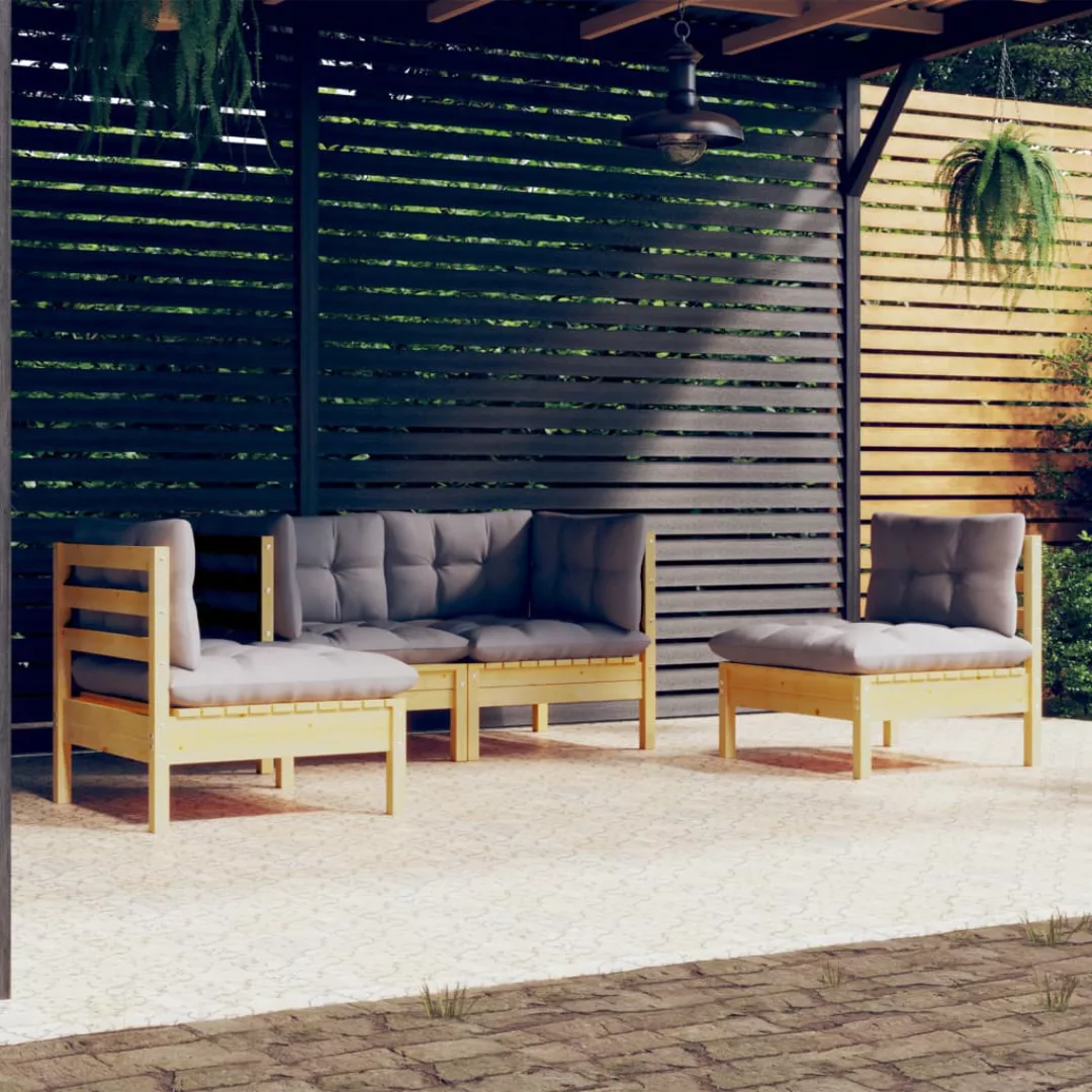 4-tlg. Garten-lounge-set Mit Grauen Kissen Kiefer Massivholz günstig online kaufen