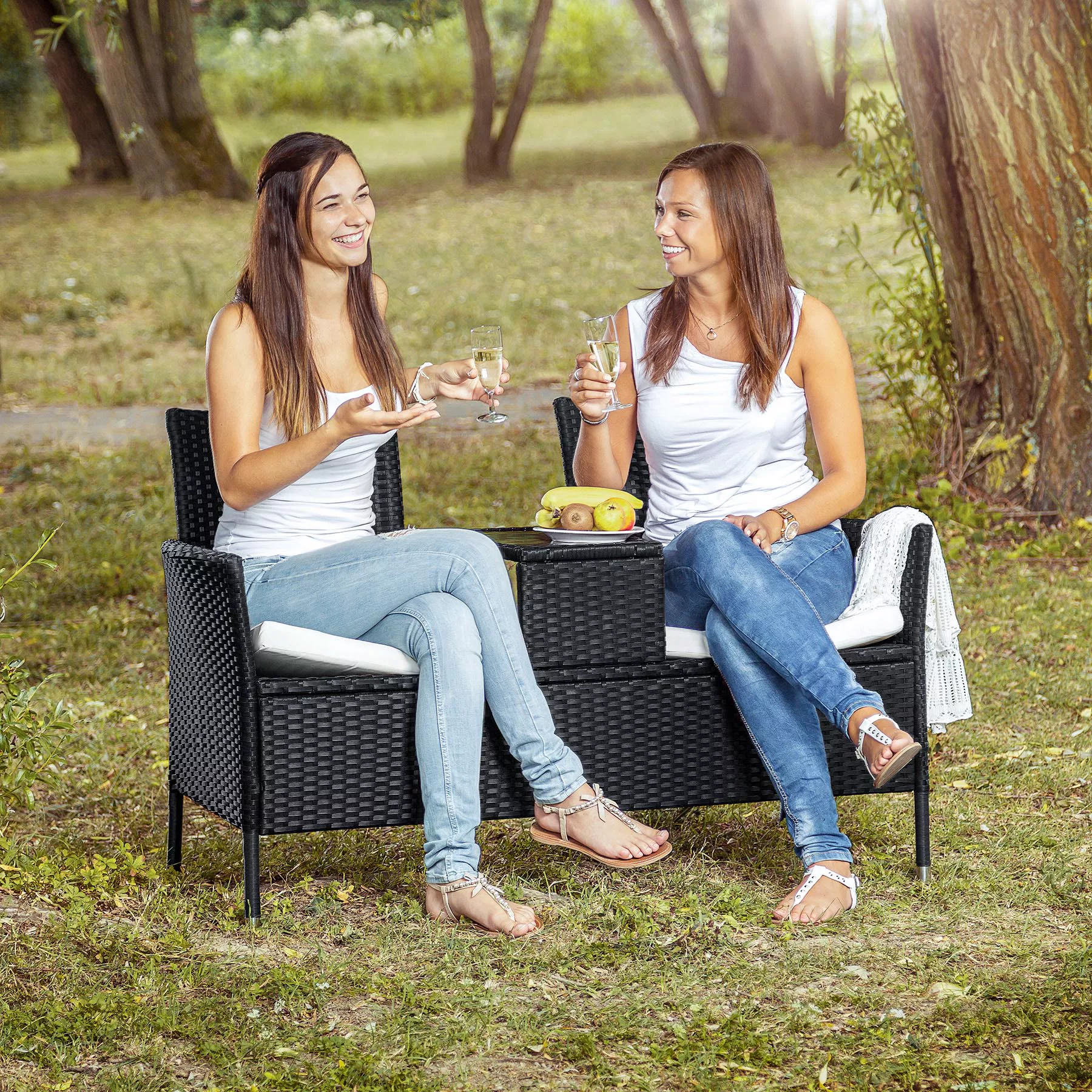 Rattan Gartensitzbank mit Tisch - braun/beige günstig online kaufen