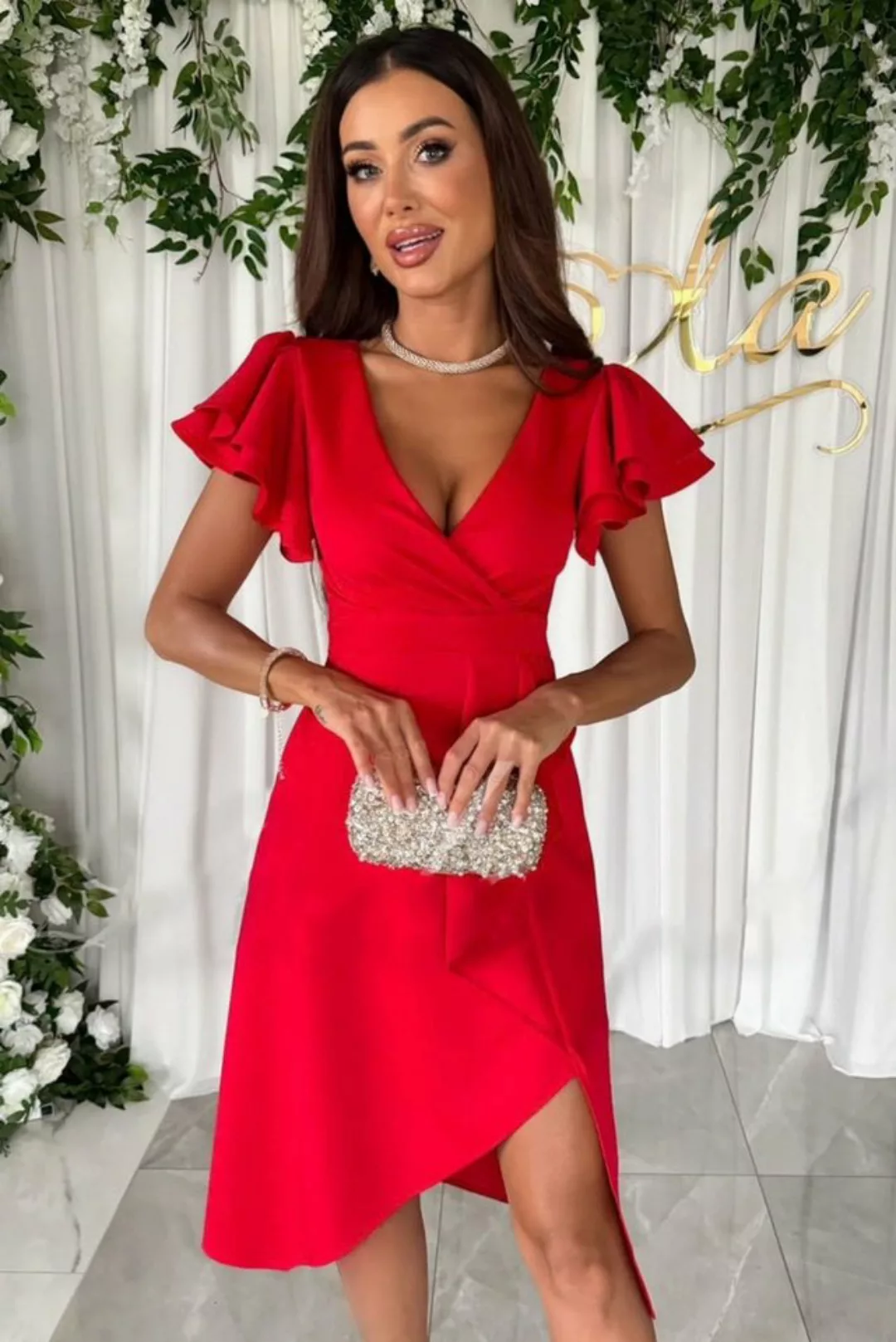 jalleria Dirndl Einfarbiges Kleid mit V-Ausschnitt und Lotusblatt Ärmeln günstig online kaufen