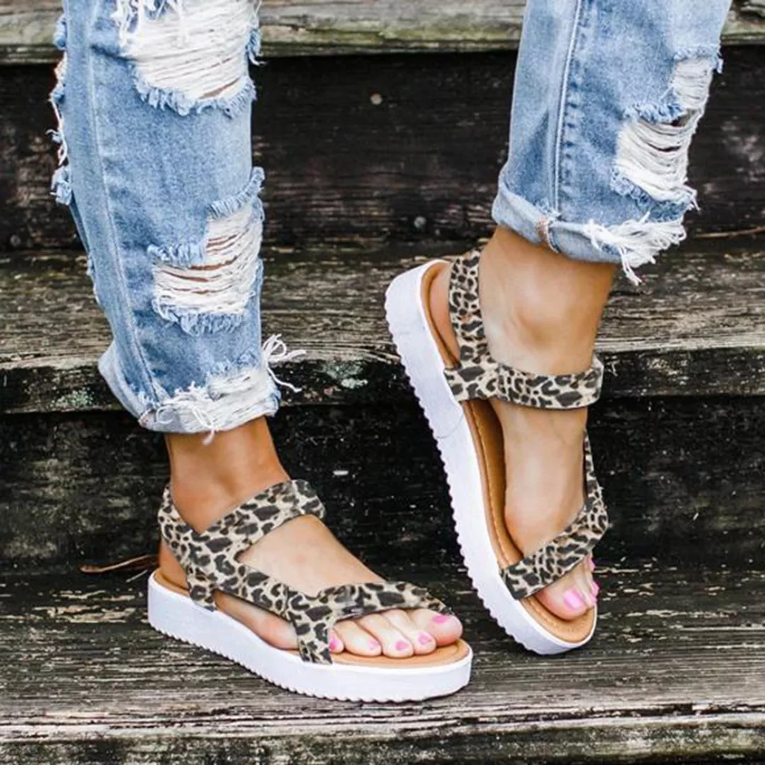 Große Größen Damen Leopard Solid Color Hook Loop Flats Sandalen günstig online kaufen