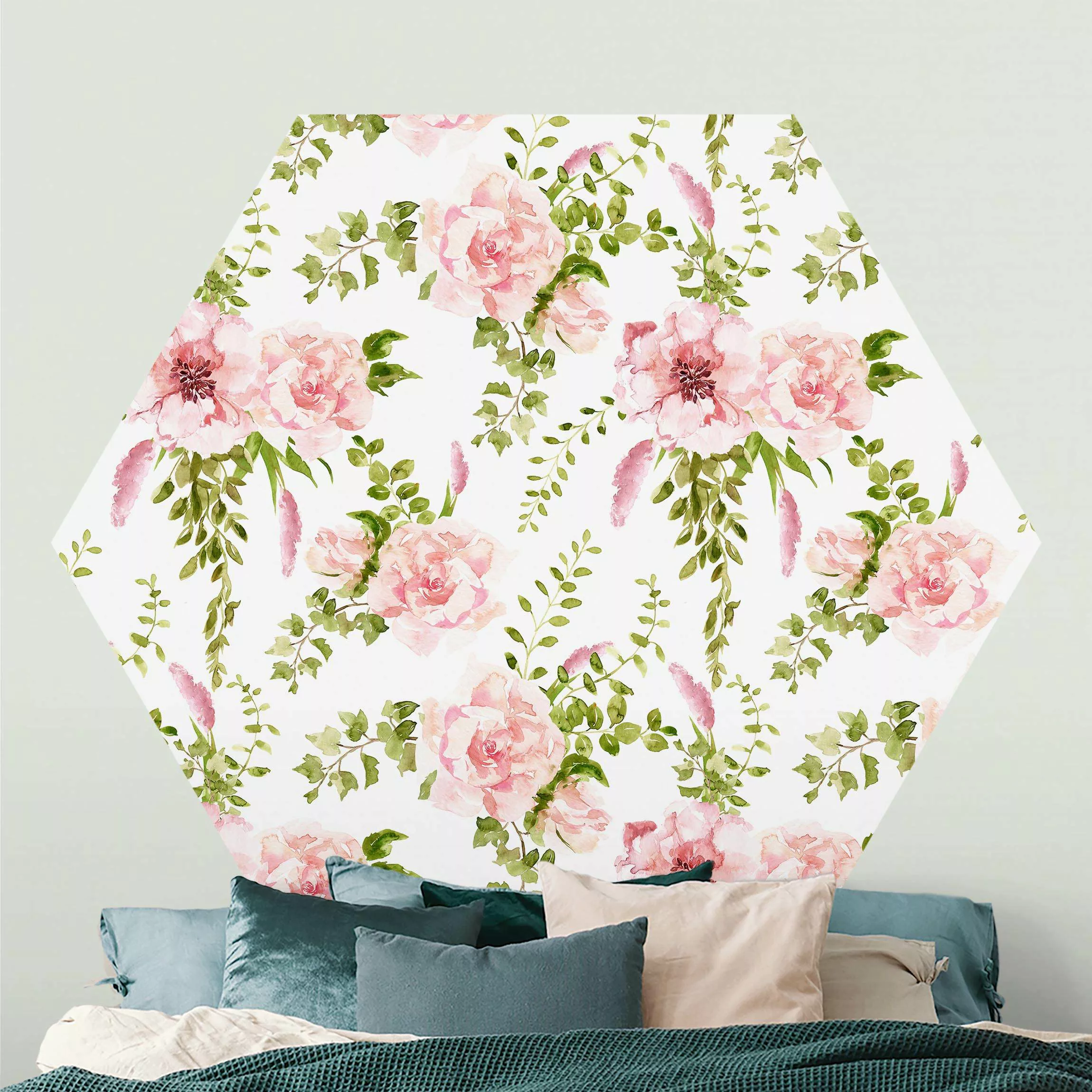 Hexagon Mustertapete selbstklebend Grüne Blätter mit Rosa Blüten in Aquarel günstig online kaufen