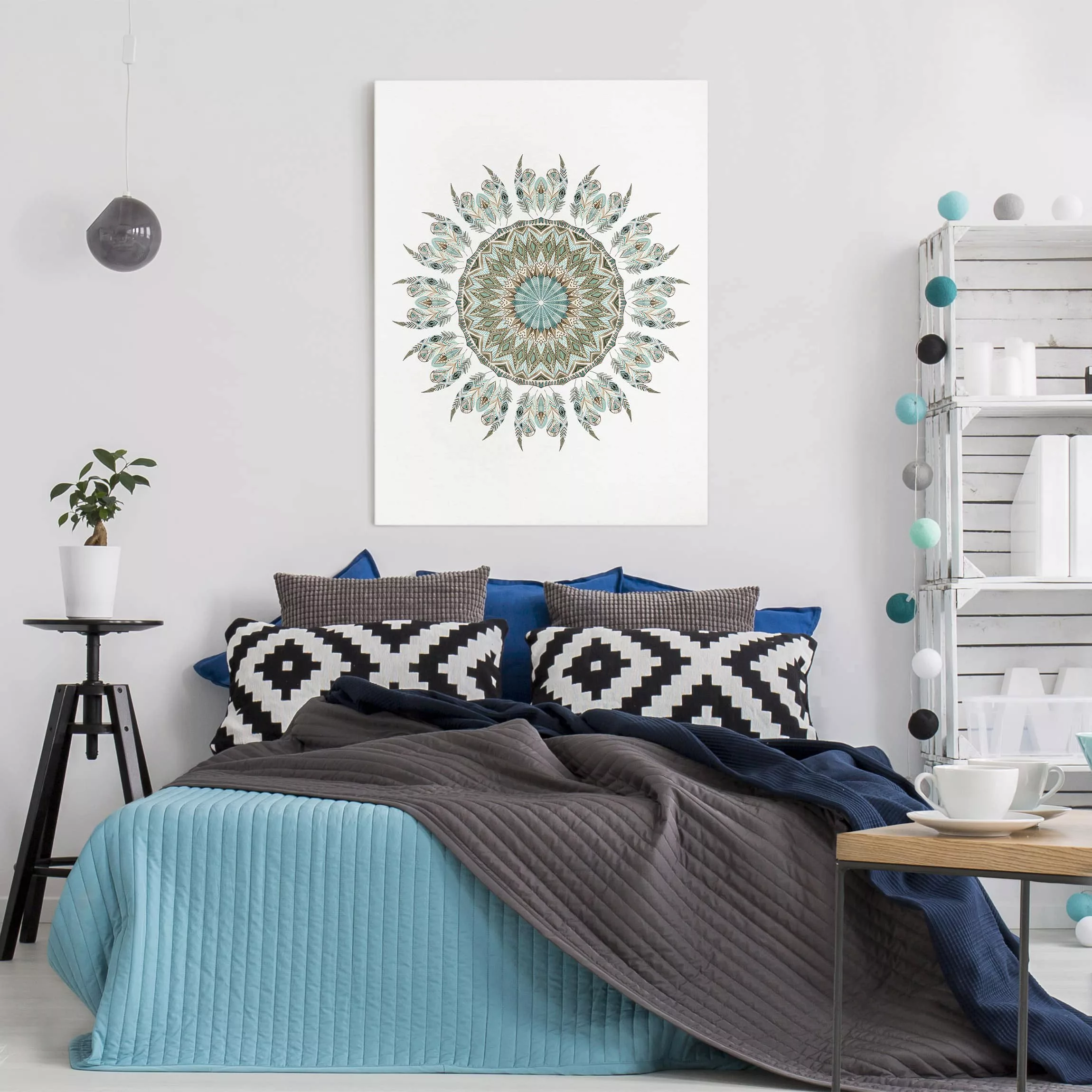 Leinwandbild Mandala Aquarell Federn handgemalt blau grün günstig online kaufen