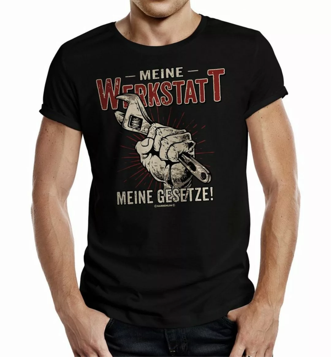 RAHMENLOS® T-Shirt für Schrauber und Mechaniker: Meine Werkstatt, meine Ges günstig online kaufen