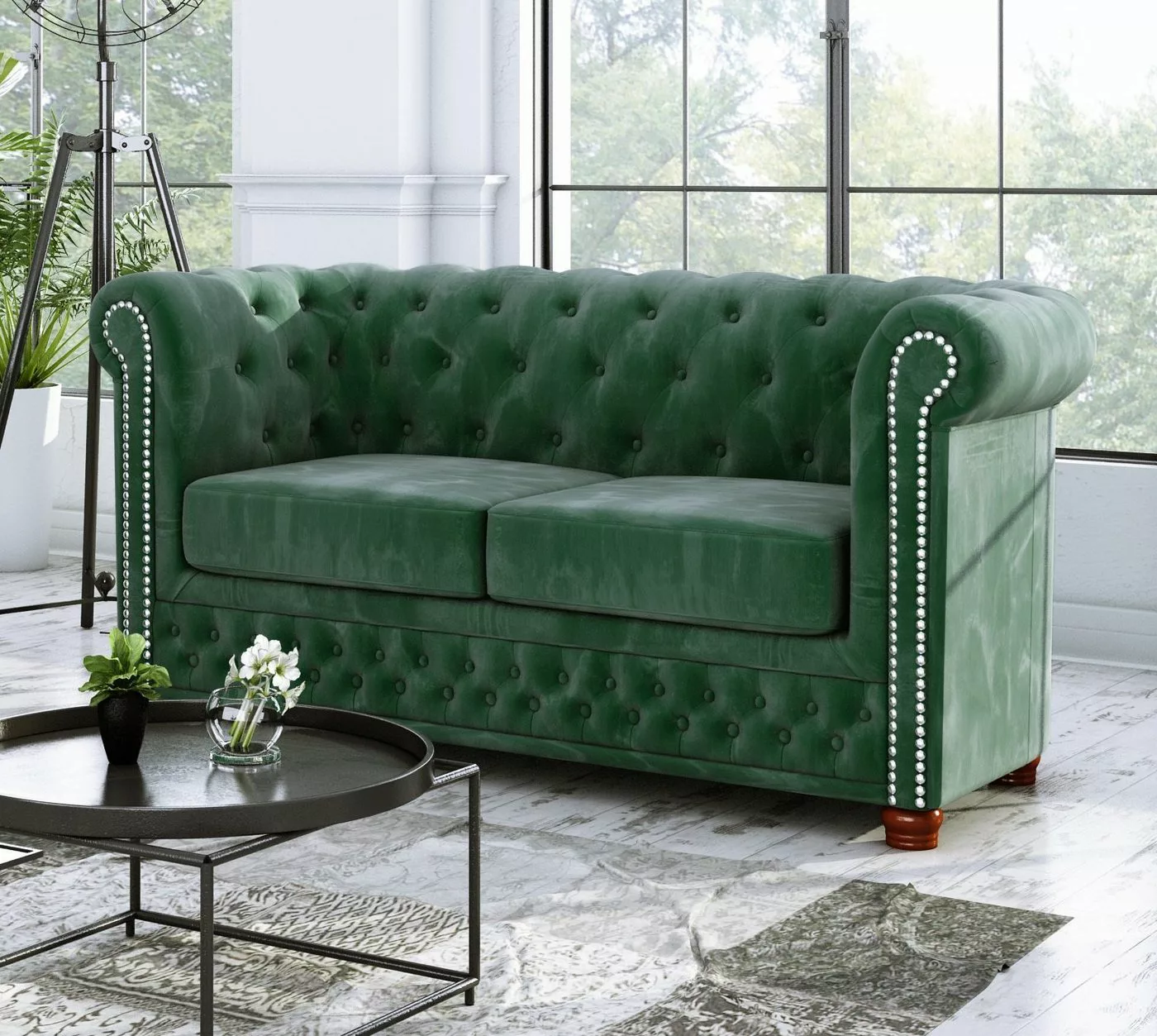 S-Style Möbel Chesterfield-Sofa Leeds 2-Sitzer aus Samt-Stoff mit Holzfüßen günstig online kaufen