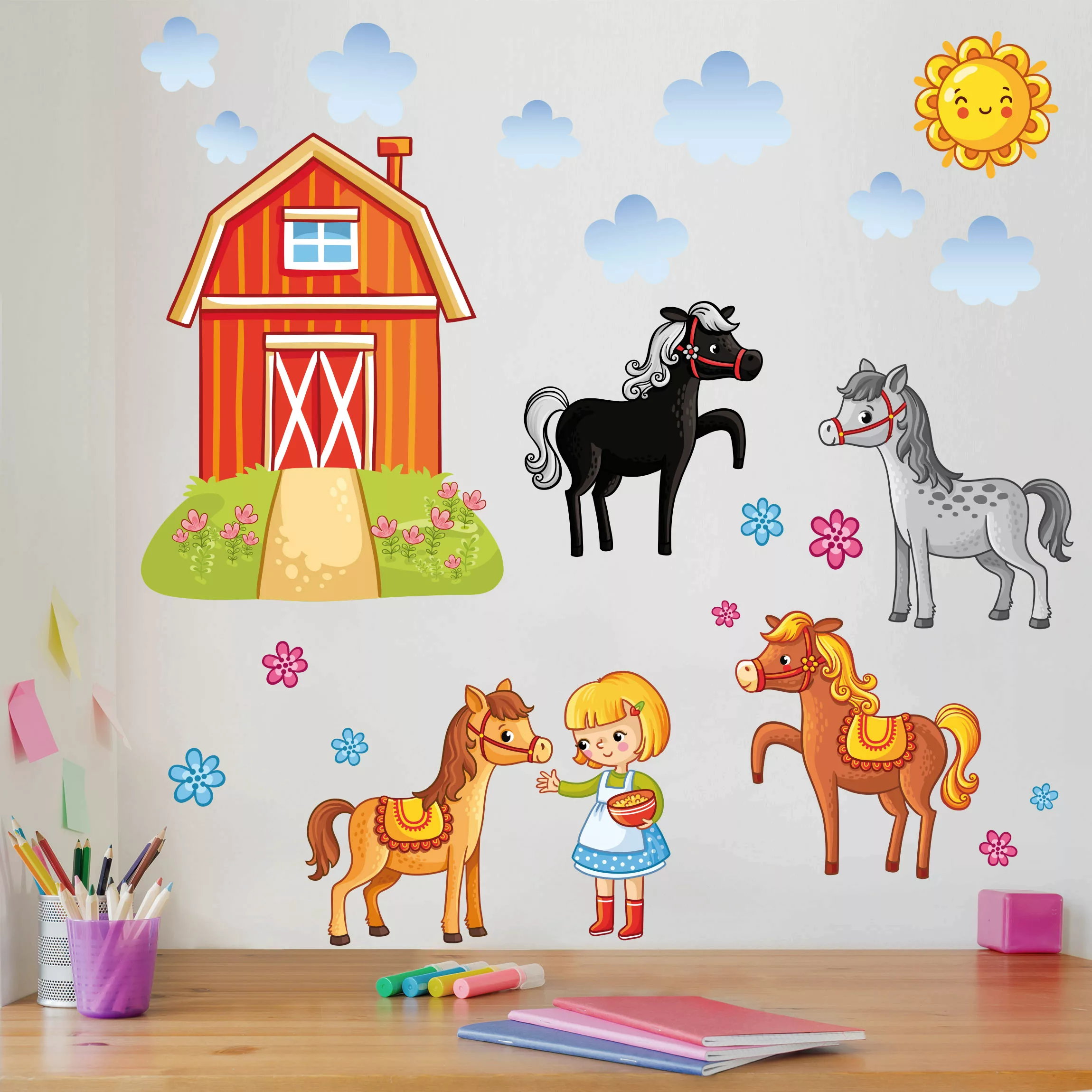 Wandtattoo Kinderzimmer Bauernhof-Set mit Pferden günstig online kaufen