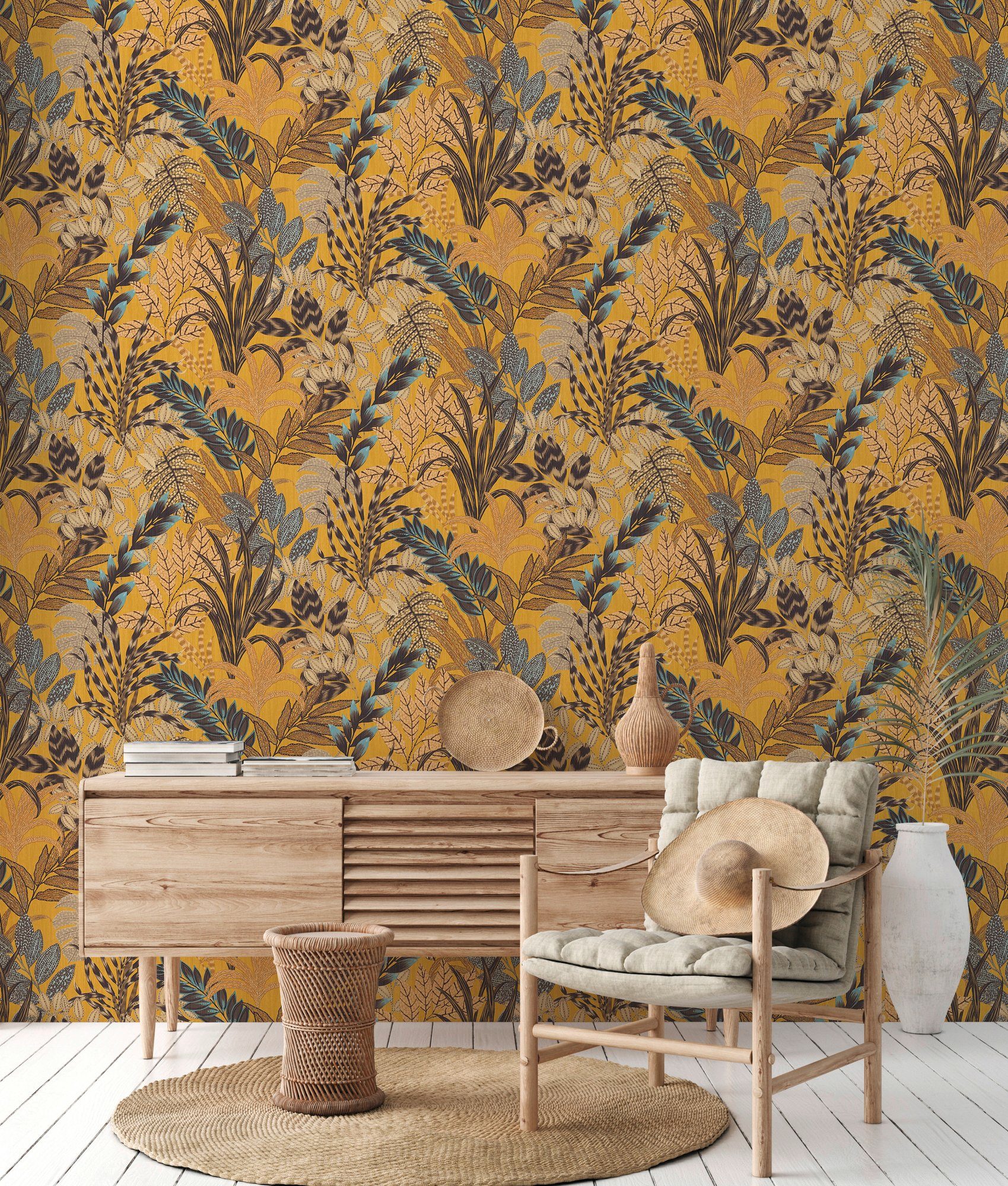 Bricoflor Palmenblätter Tapete Hellgrau Tropical Vliestapete Modern Ideal f günstig online kaufen