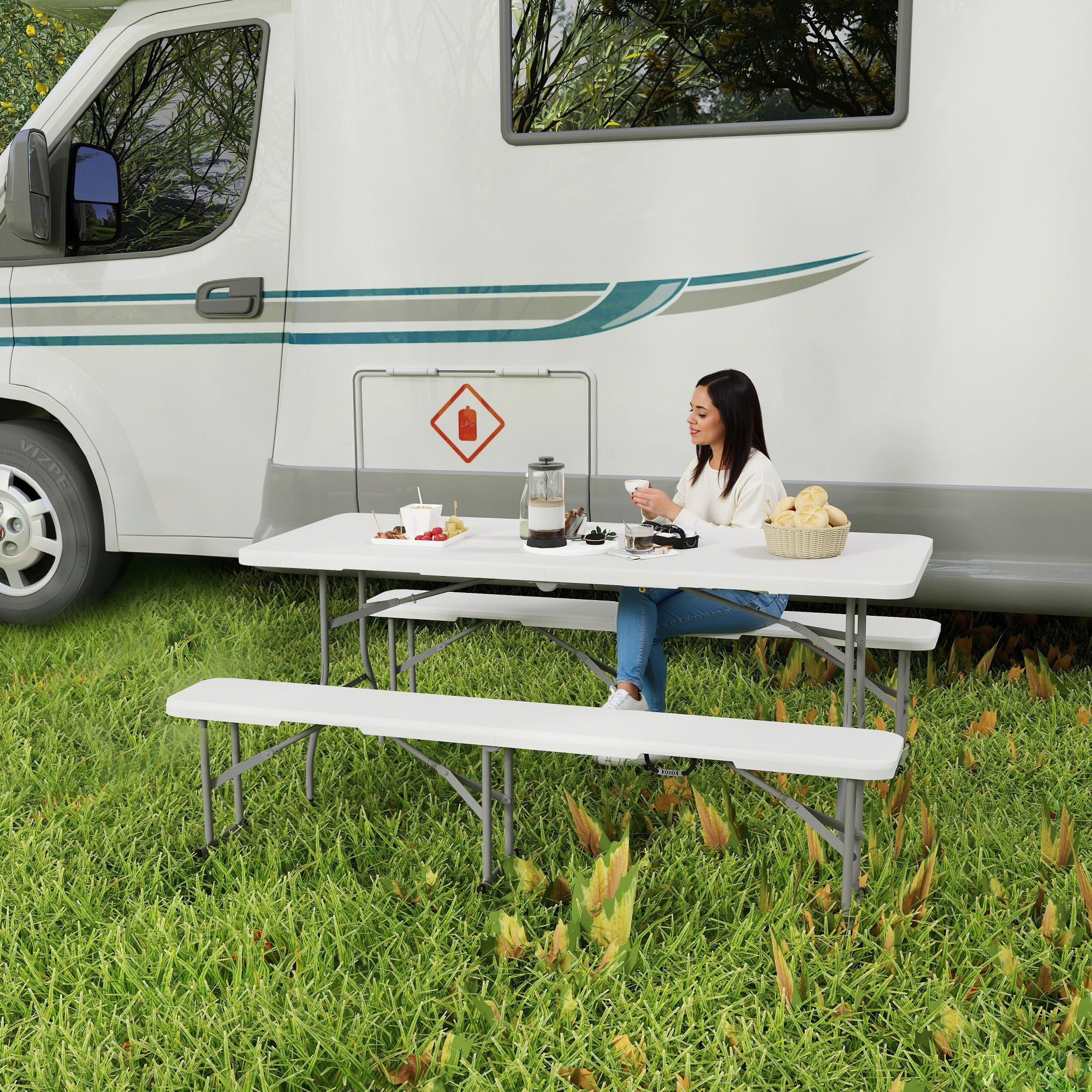 Outsunny Bierzeltgarnitur Klappbar 3-teiliges Set Campingtisch, 2 Bierbank günstig online kaufen